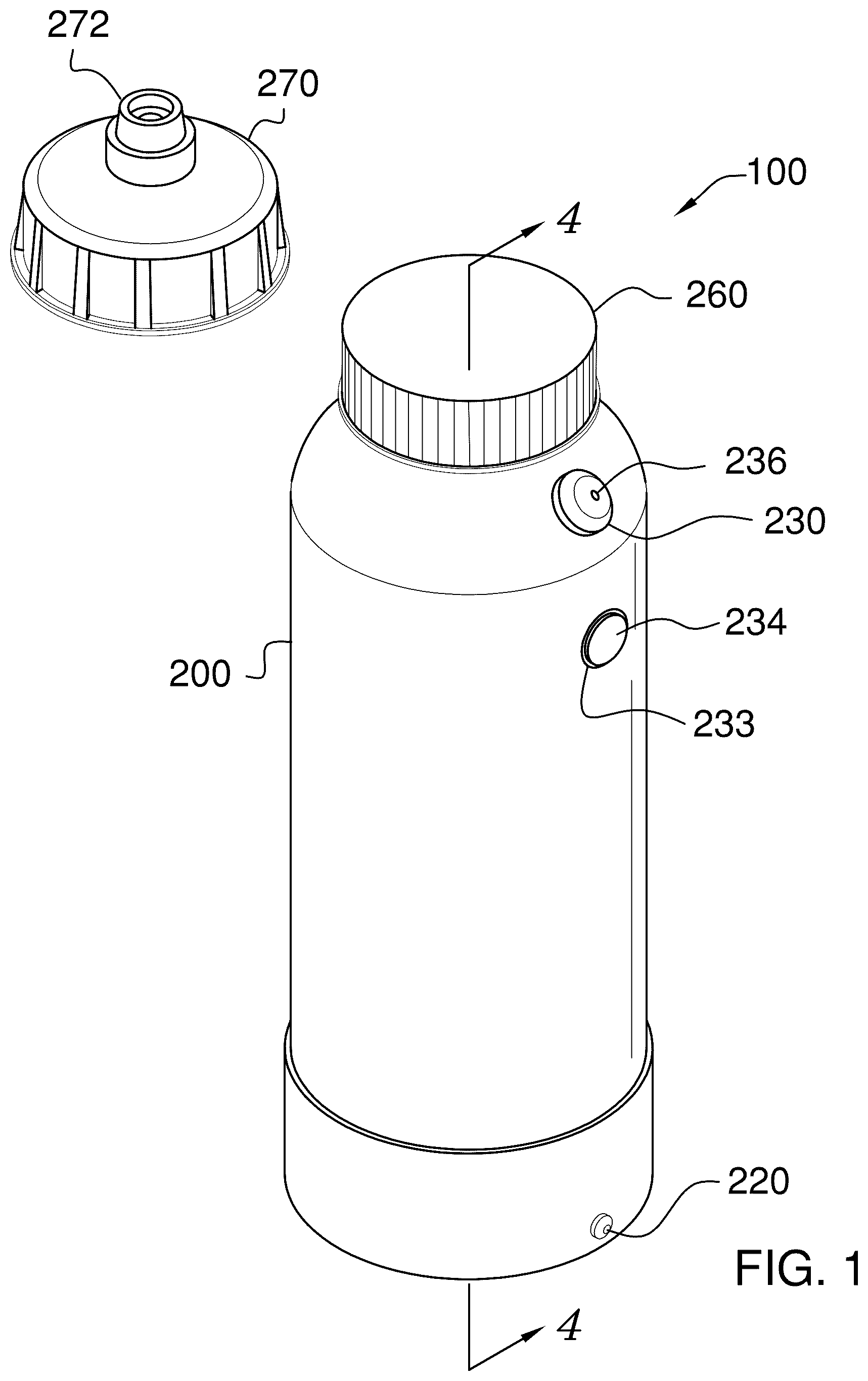 Patent US12378036 Figure 1 – Combination drink container and sanitizer dispenser