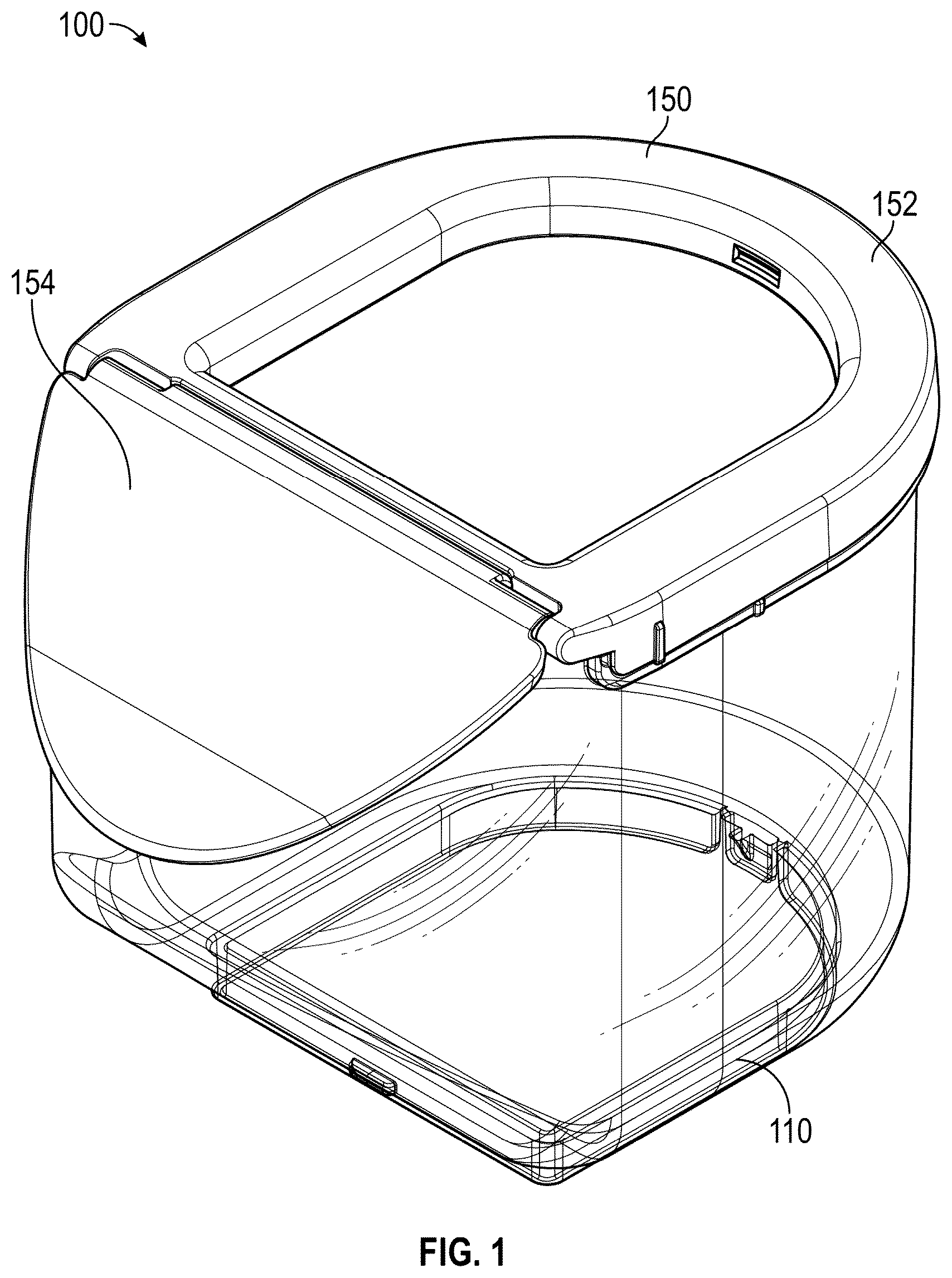 Patent US12378048 Figure 1 – Systems and devices for a container with a self-leveling lid