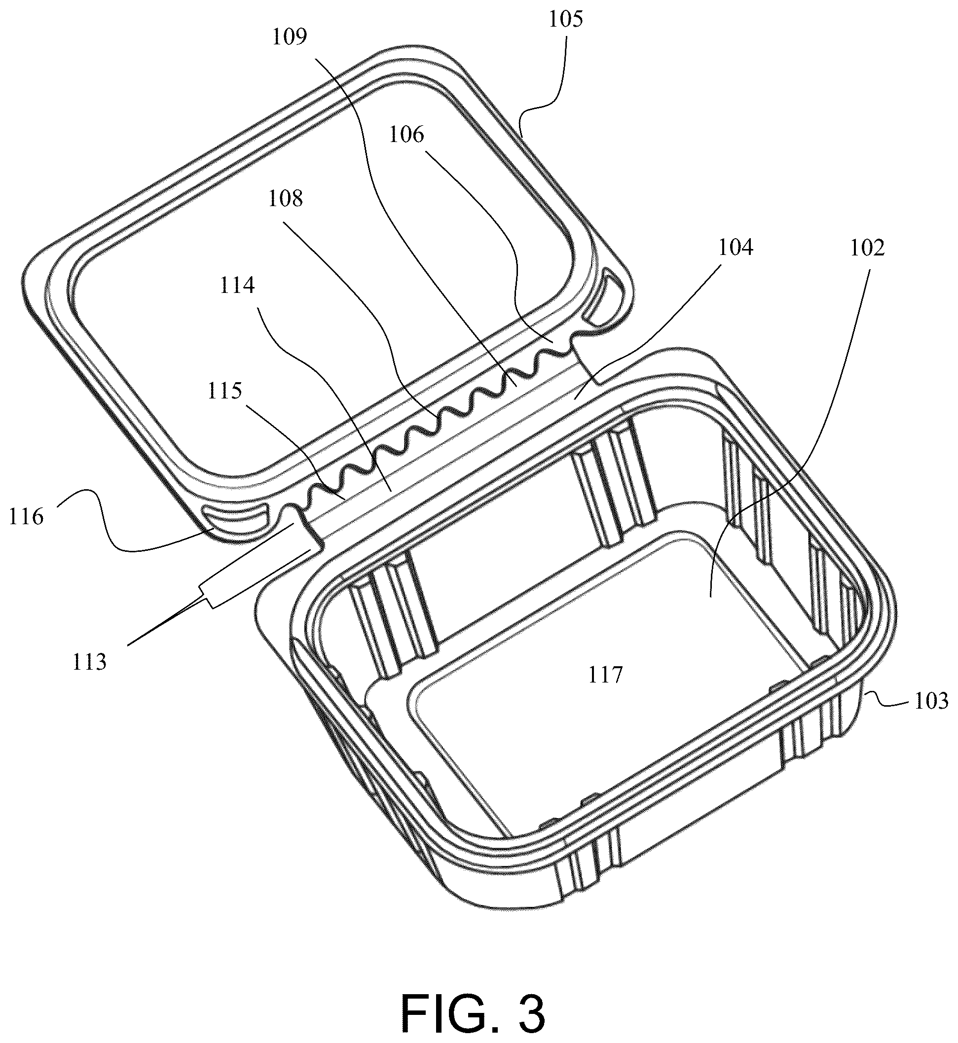 Patent US12378049 Figure 3 – Tamper-evident plastic container
