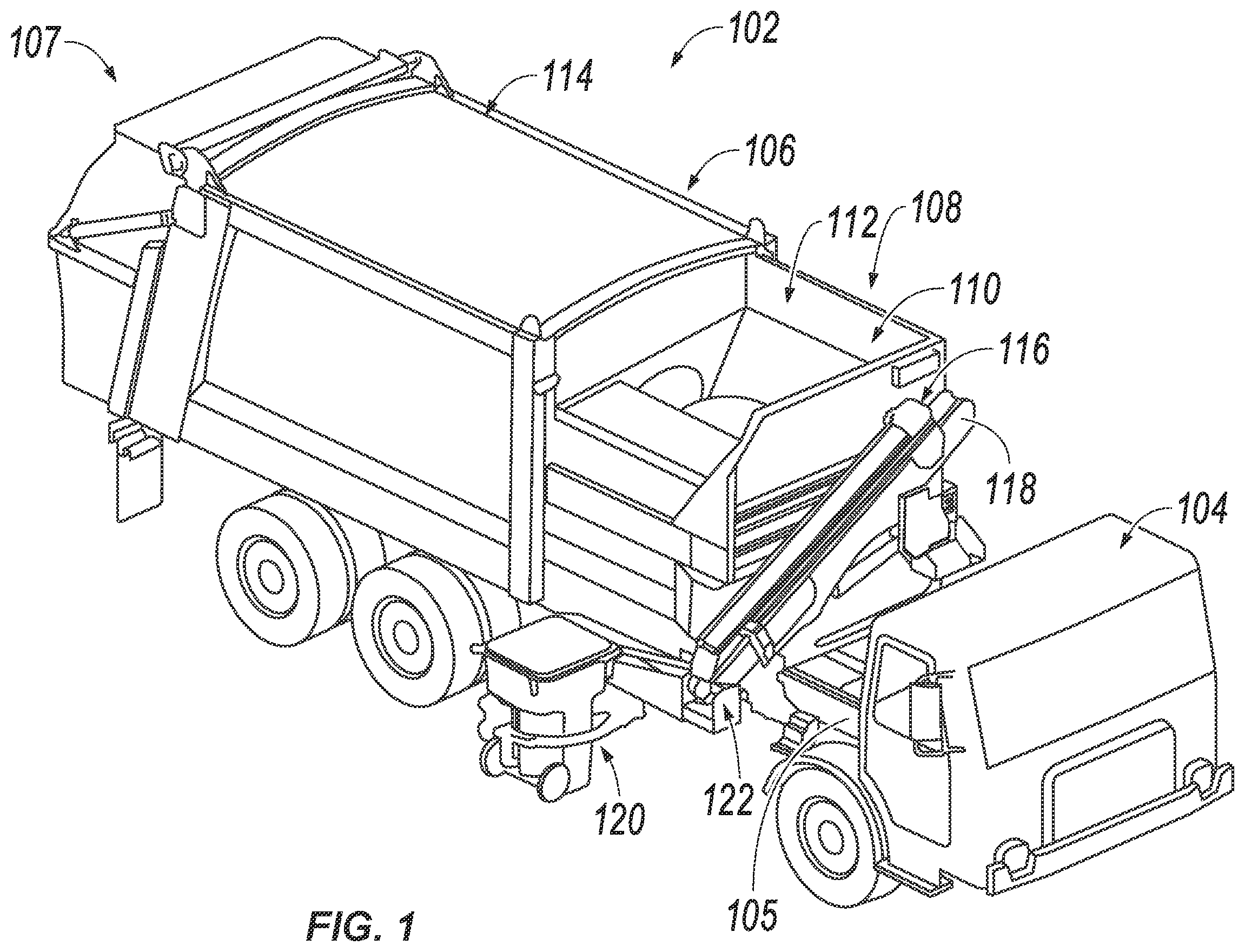 Patent US12378068 Figure 1 – Refuse collection with auger and contamination detection panel