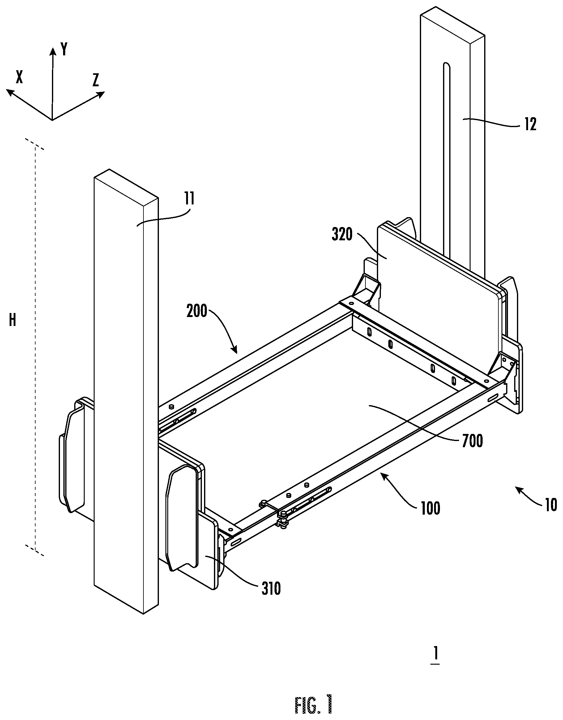 Patent US12378075 Figure 1 – Carriage lift assembly for materials handling and storage systems