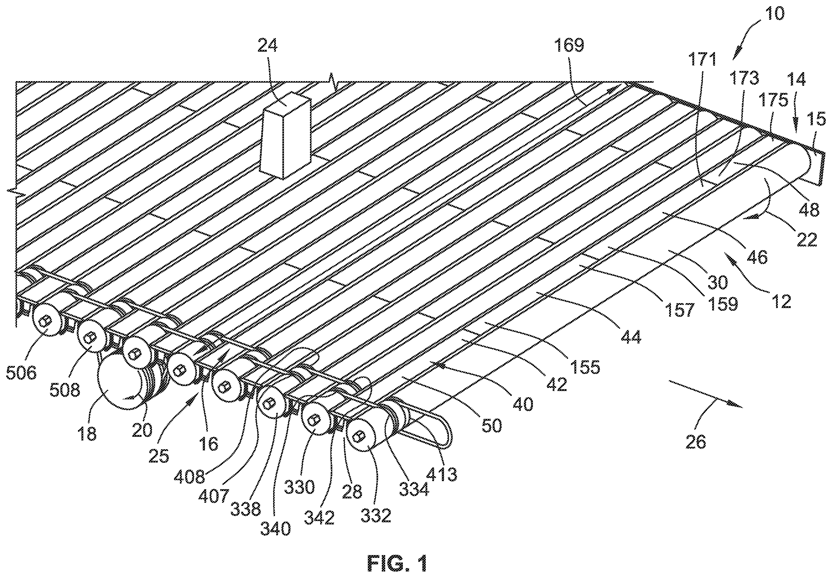 Patent US12378083 Figure 1 – Conveyor gap blocker