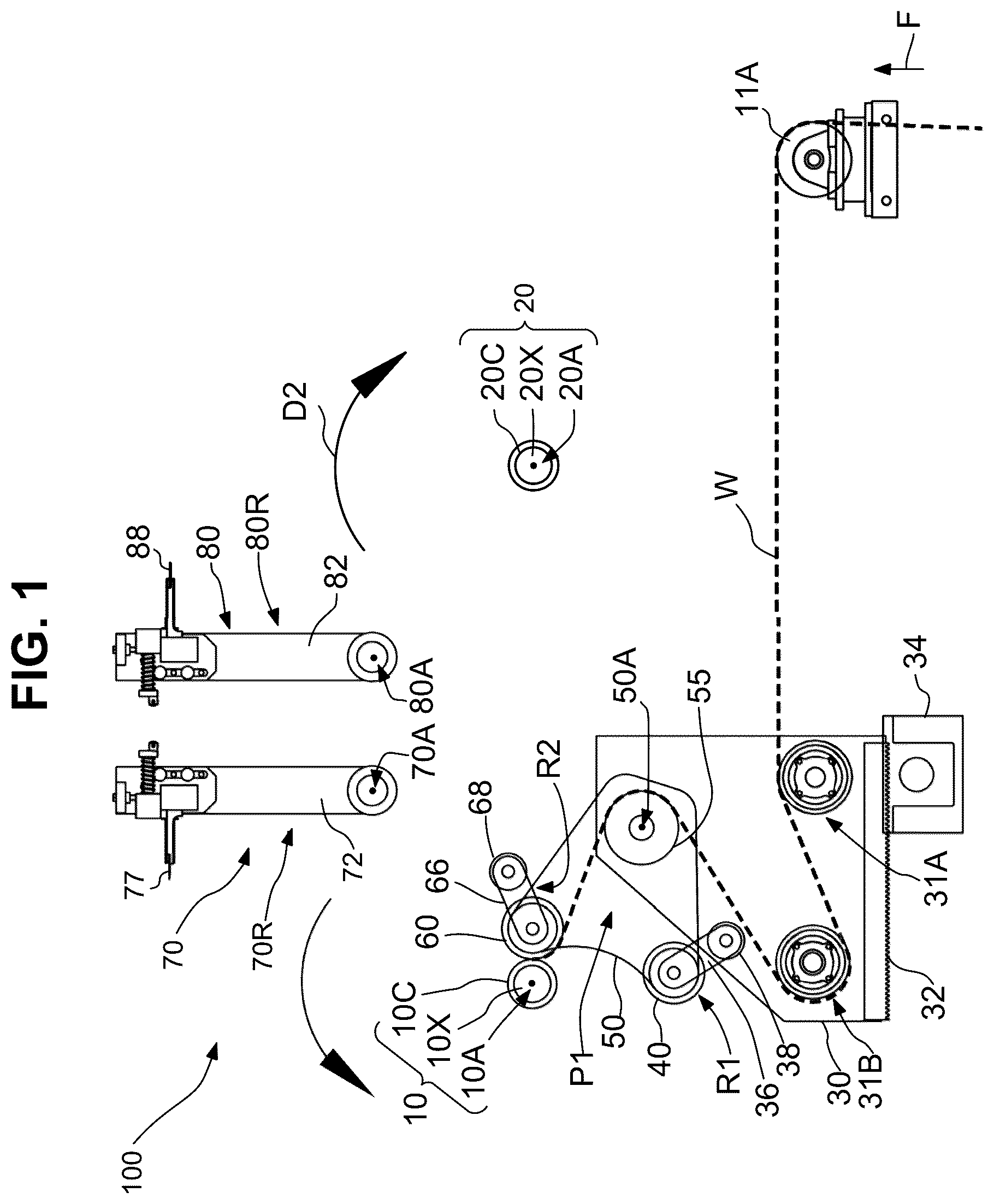 Patent US12378090 Figure 1 – Dual position web transfer system