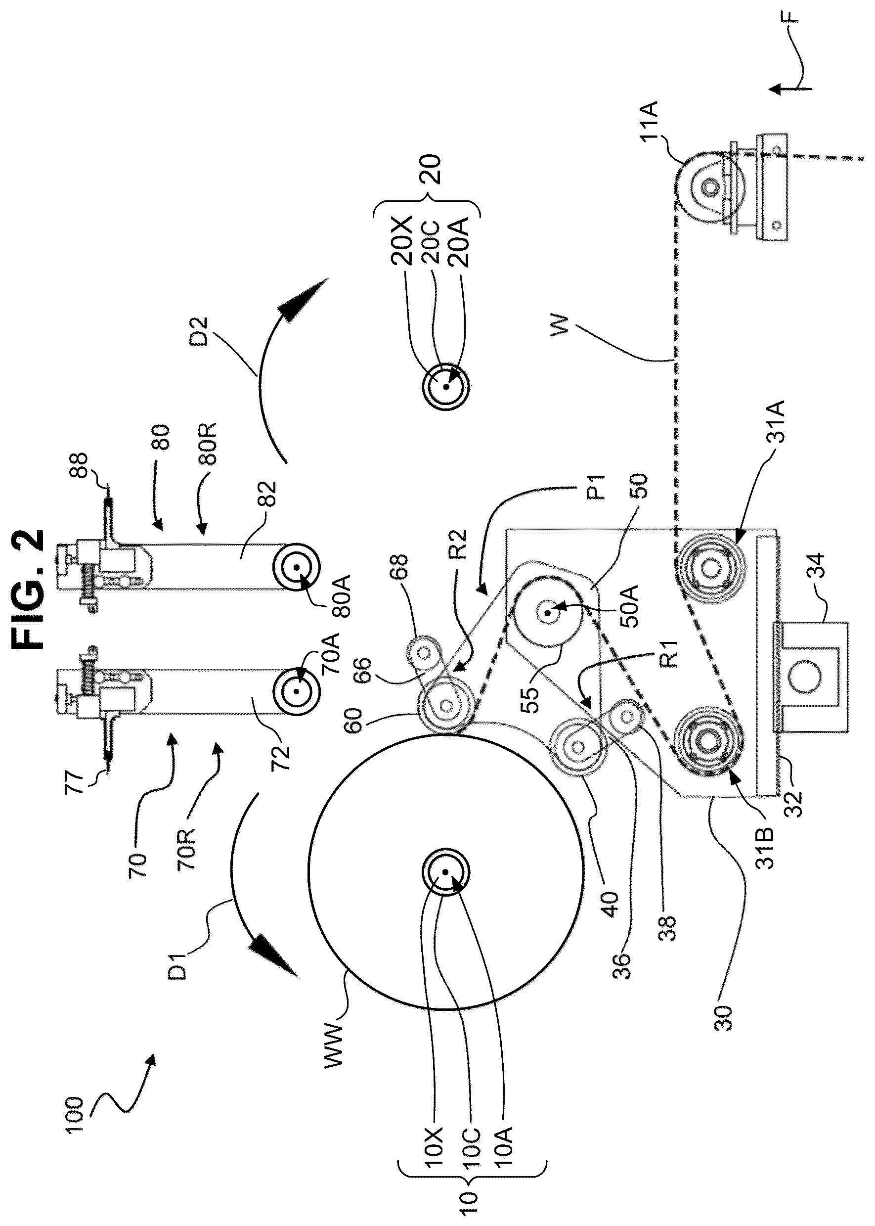 Patent US12378090 Figure 2 – Dual position web transfer system