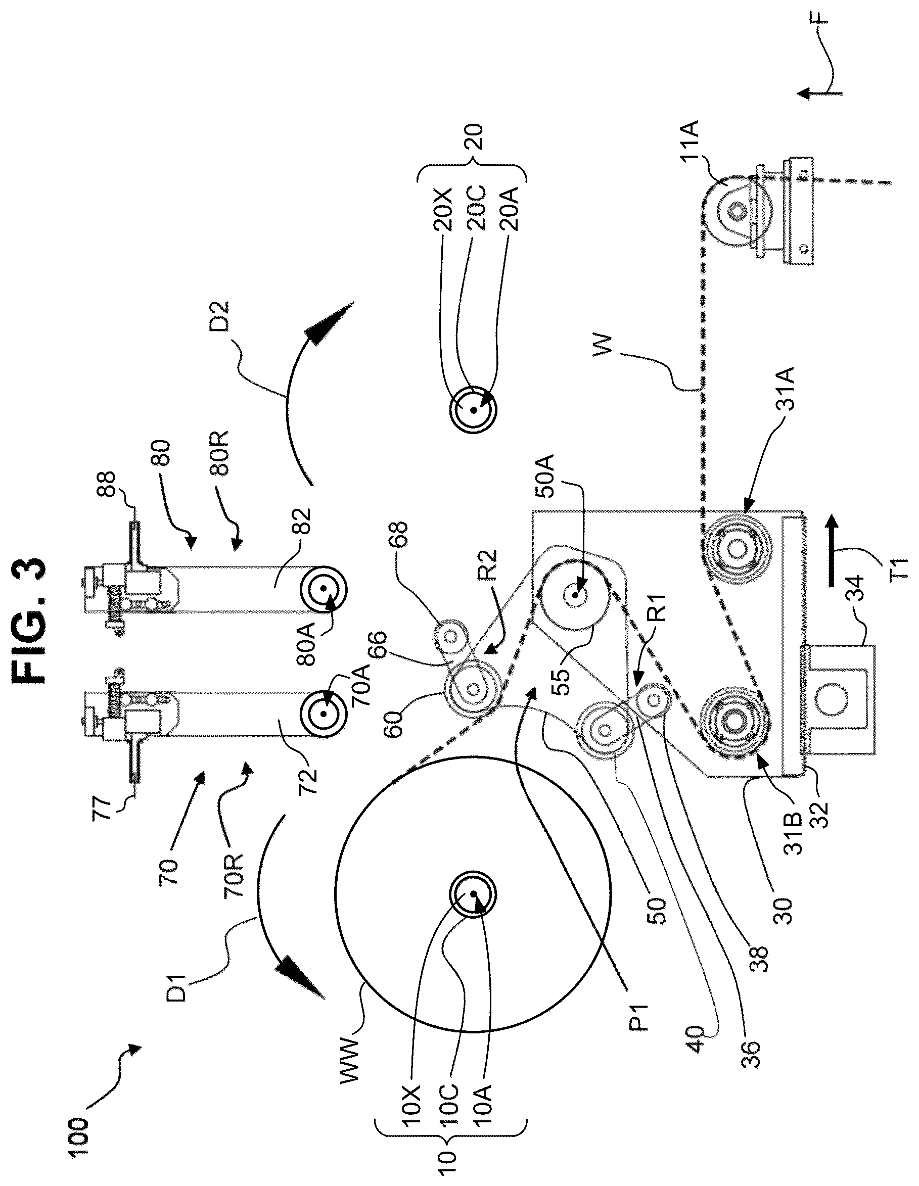 Patent US12378090 Figure 3 – Dual position web transfer system
