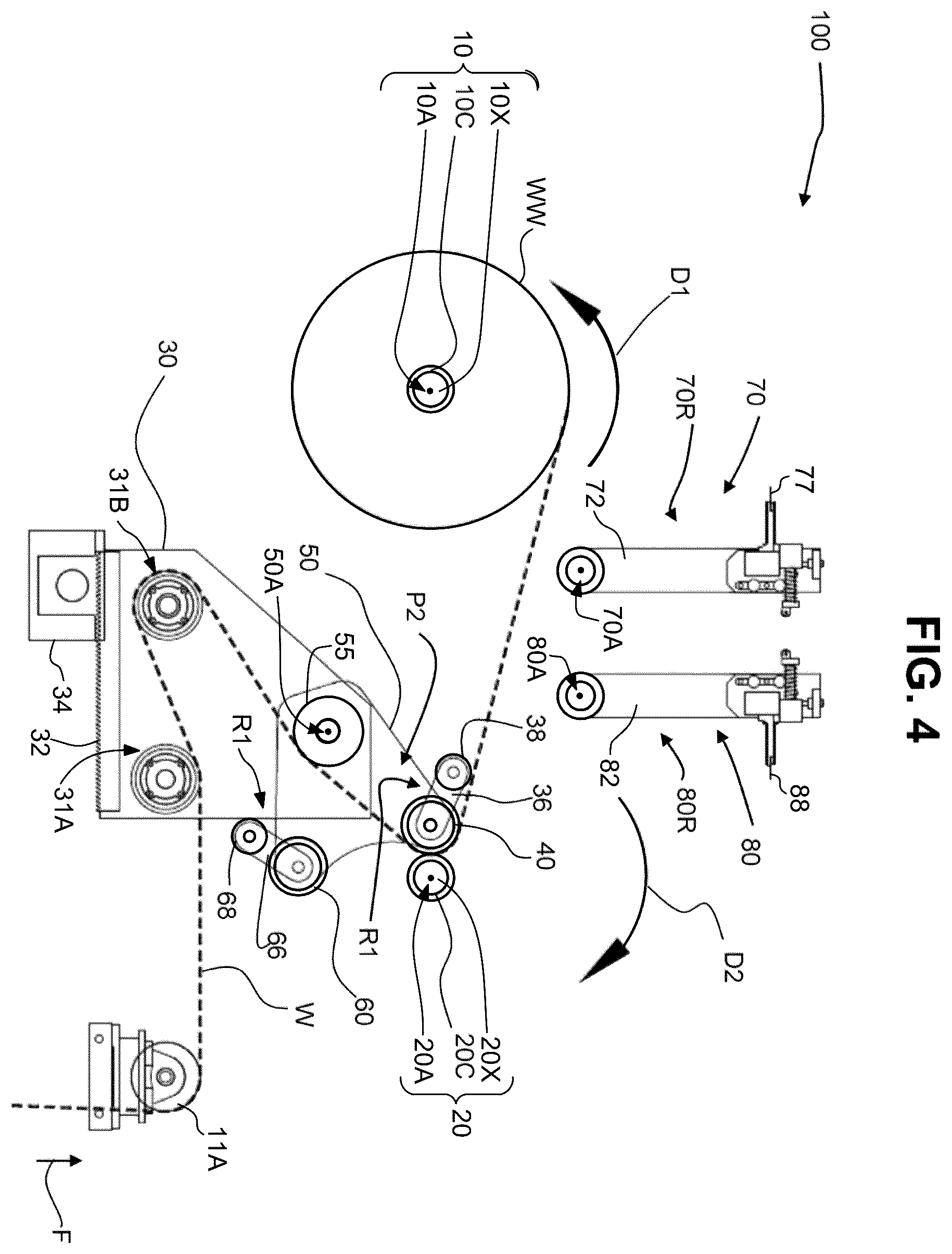 Patent US12378090 Figure 4 – Dual position web transfer system