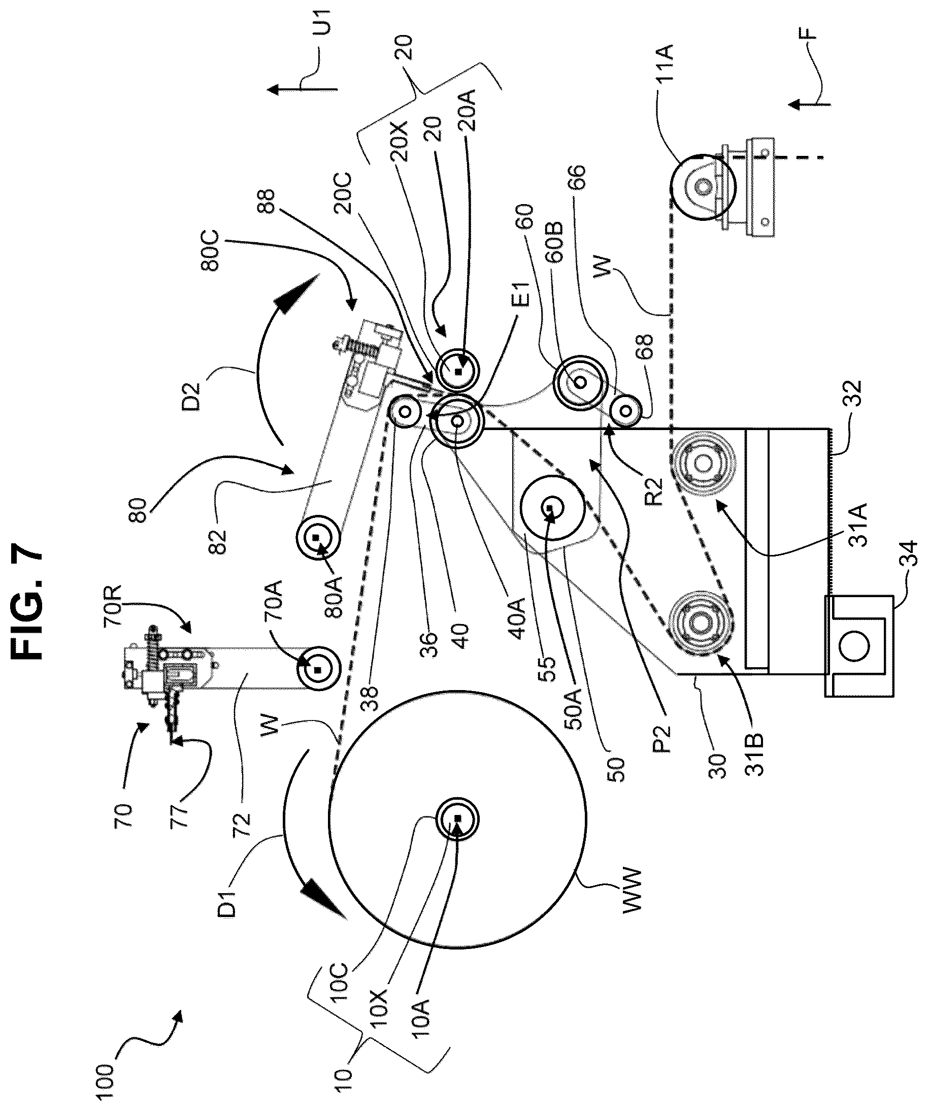 Patent US12378090 Figure 7 – Dual position web transfer system