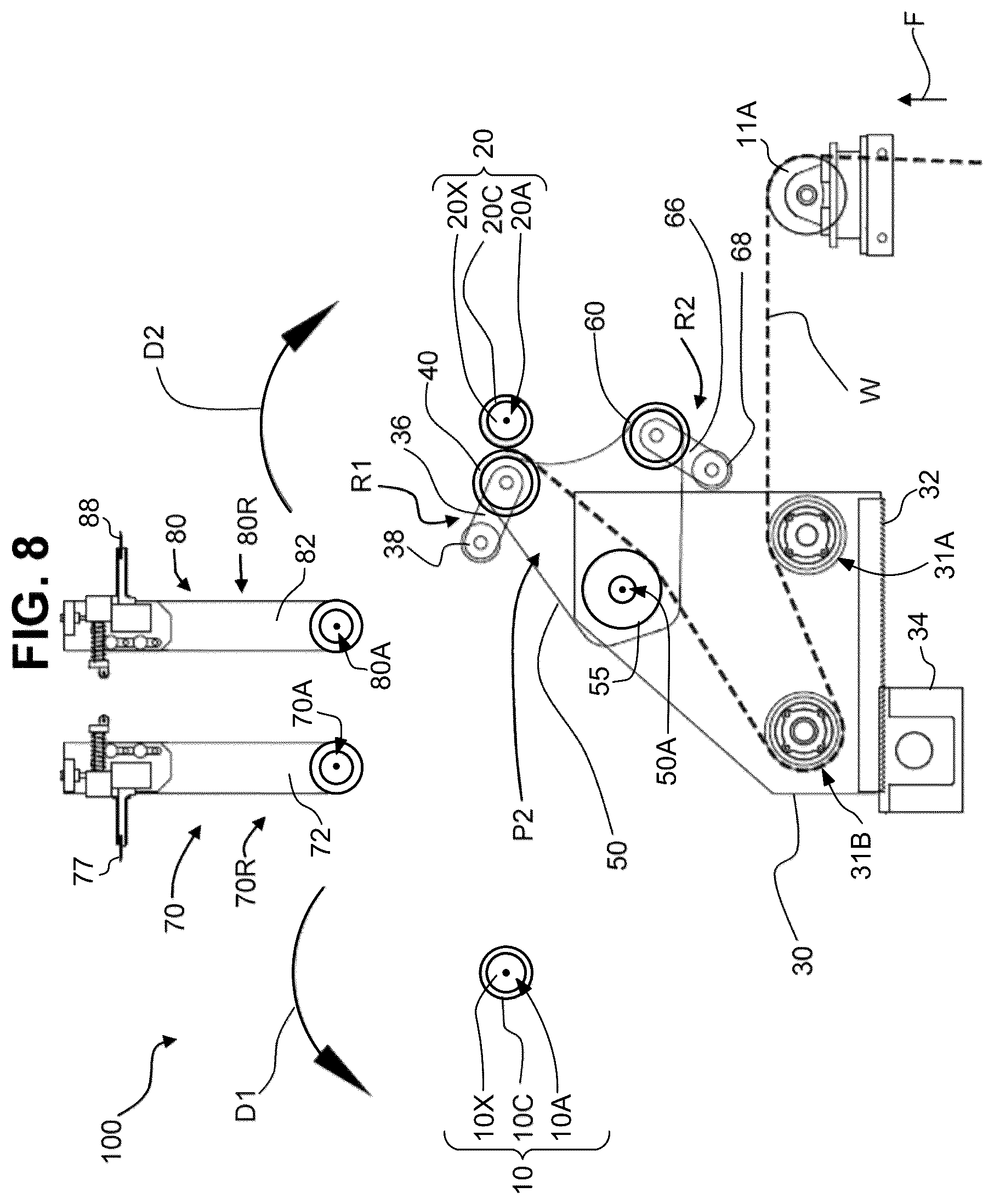 Patent US12378090 Figure 8 – Dual position web transfer system