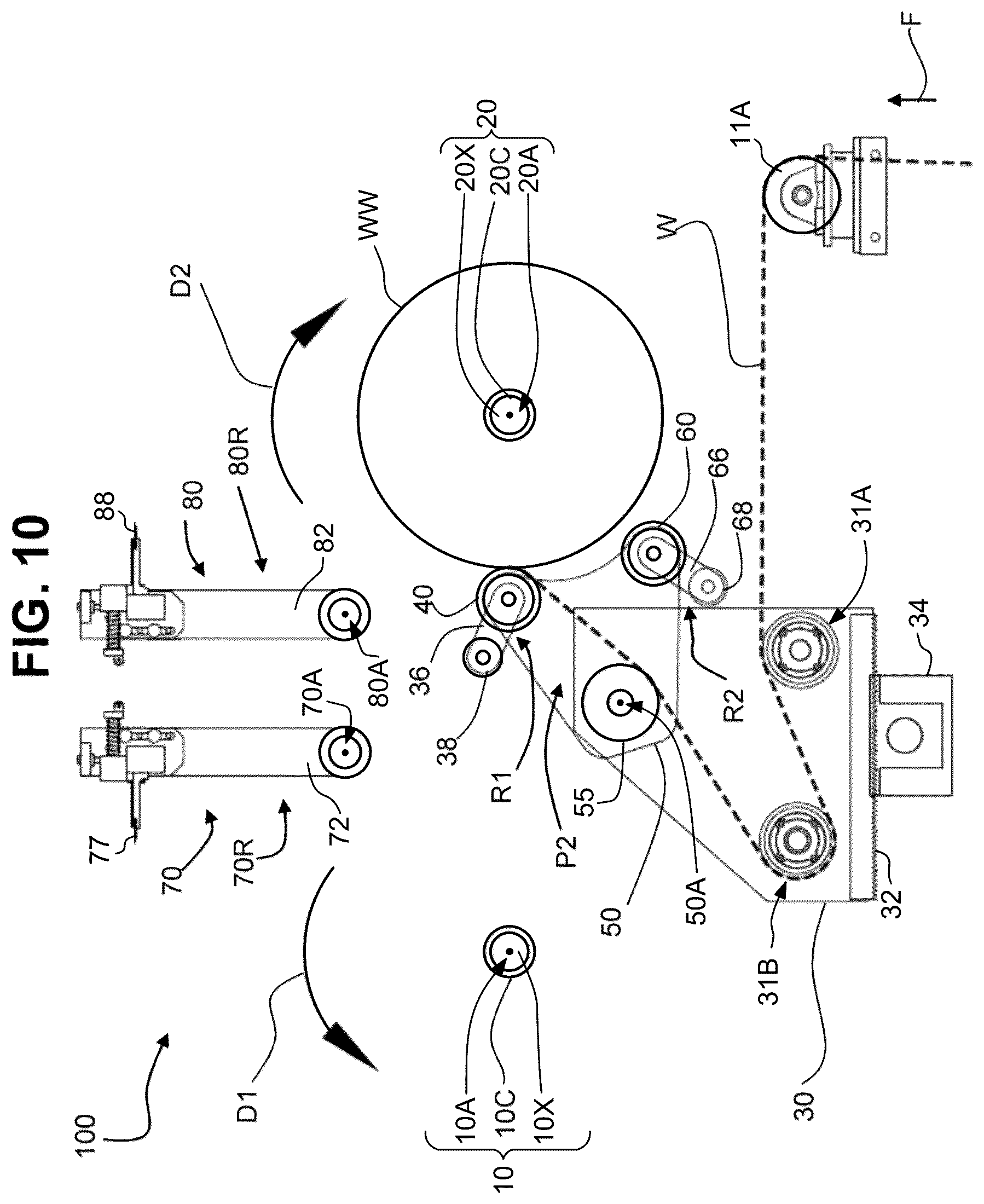 Patent US12378090 Figure 10 – Dual position web transfer system