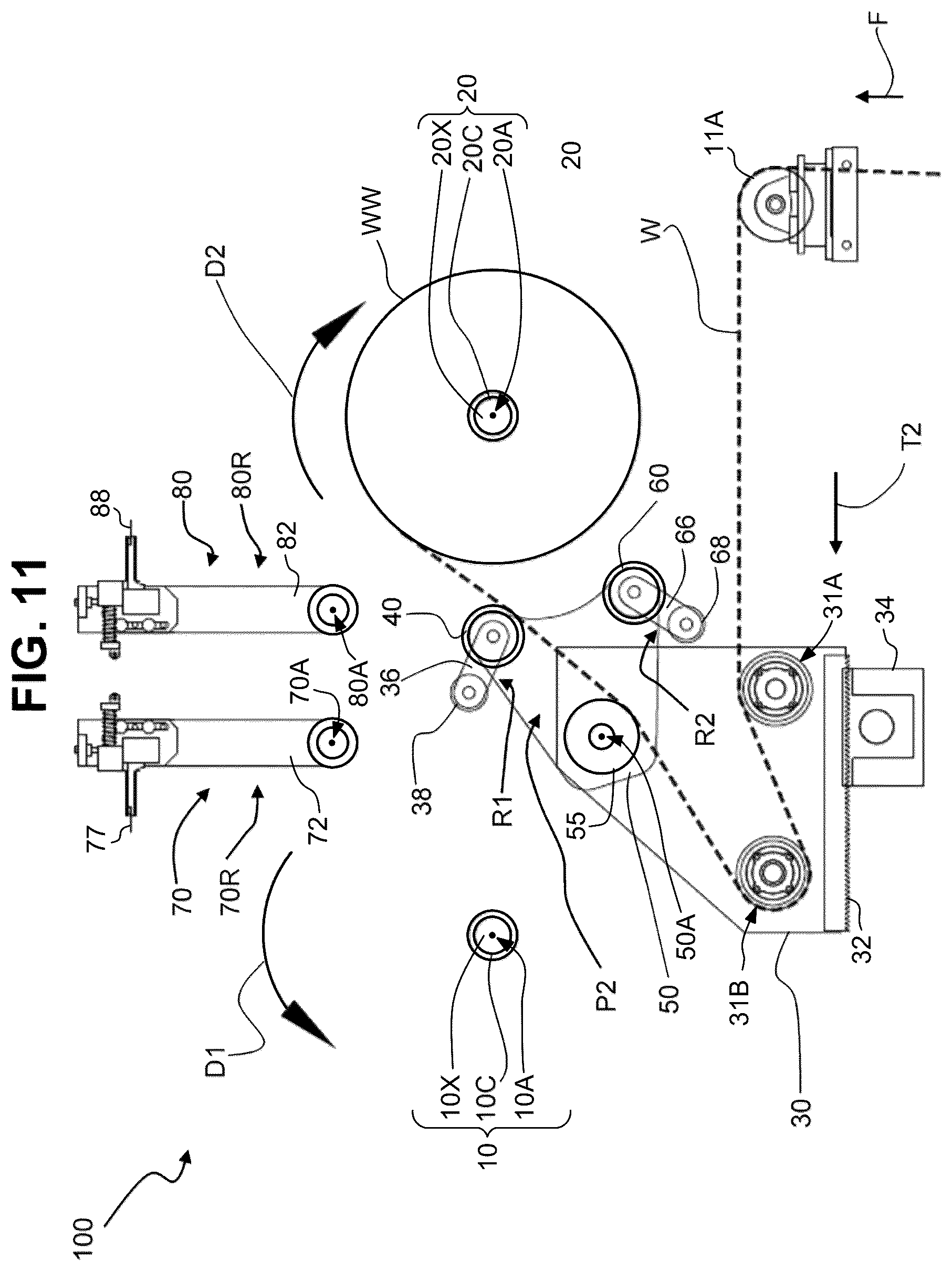 Patent US12378090 Figure 11 – Dual position web transfer system