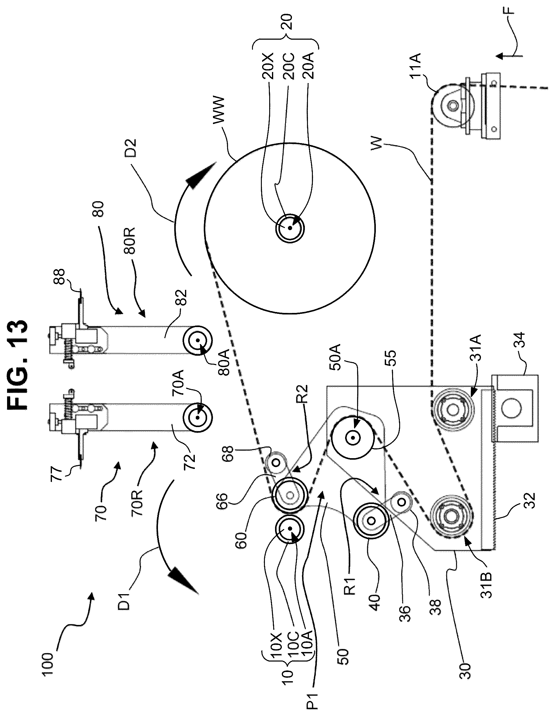 Patent US12378090 Figure 13 – Dual position web transfer system