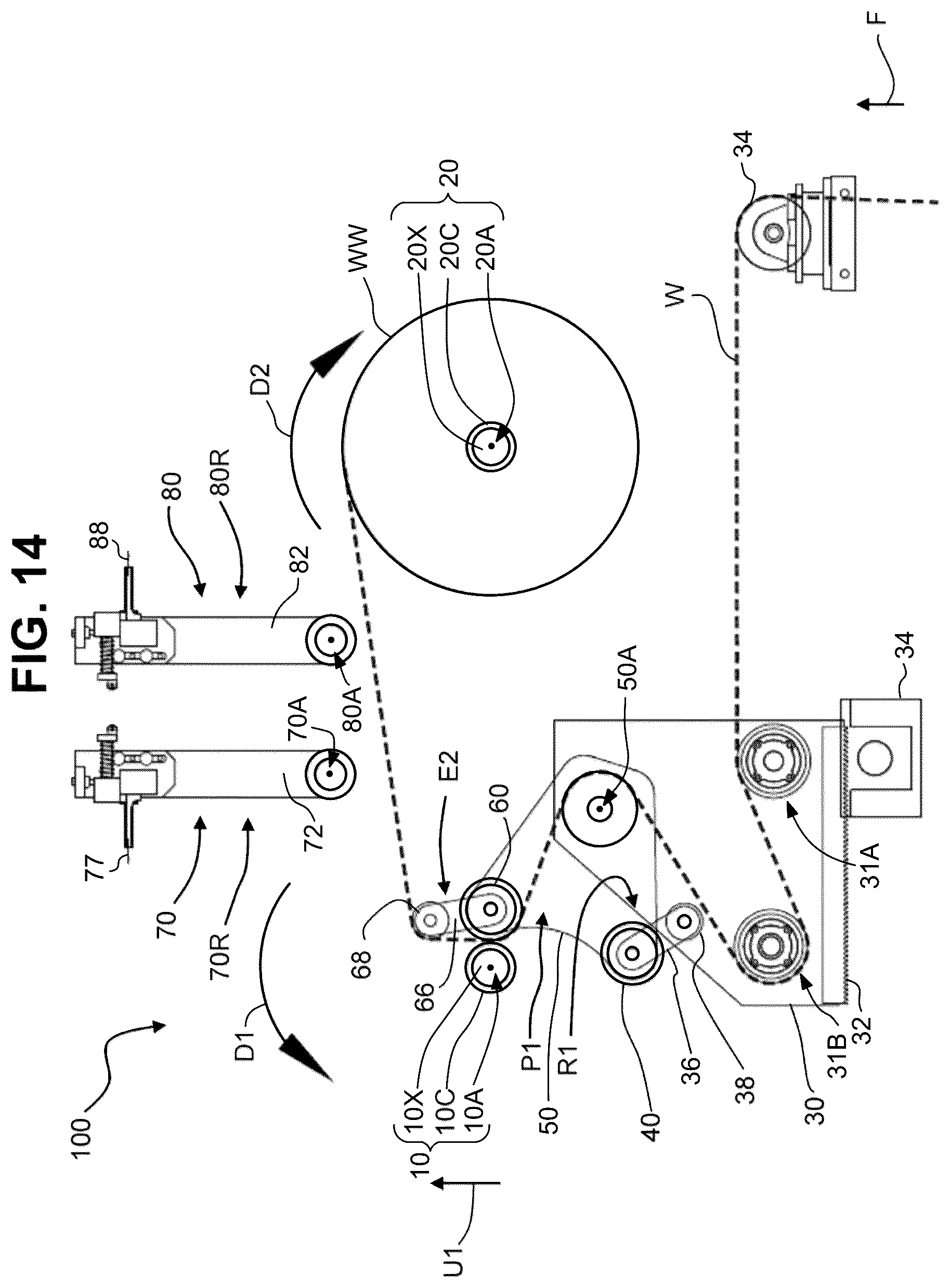 Patent US12378090 Figure 14 – Dual position web transfer system