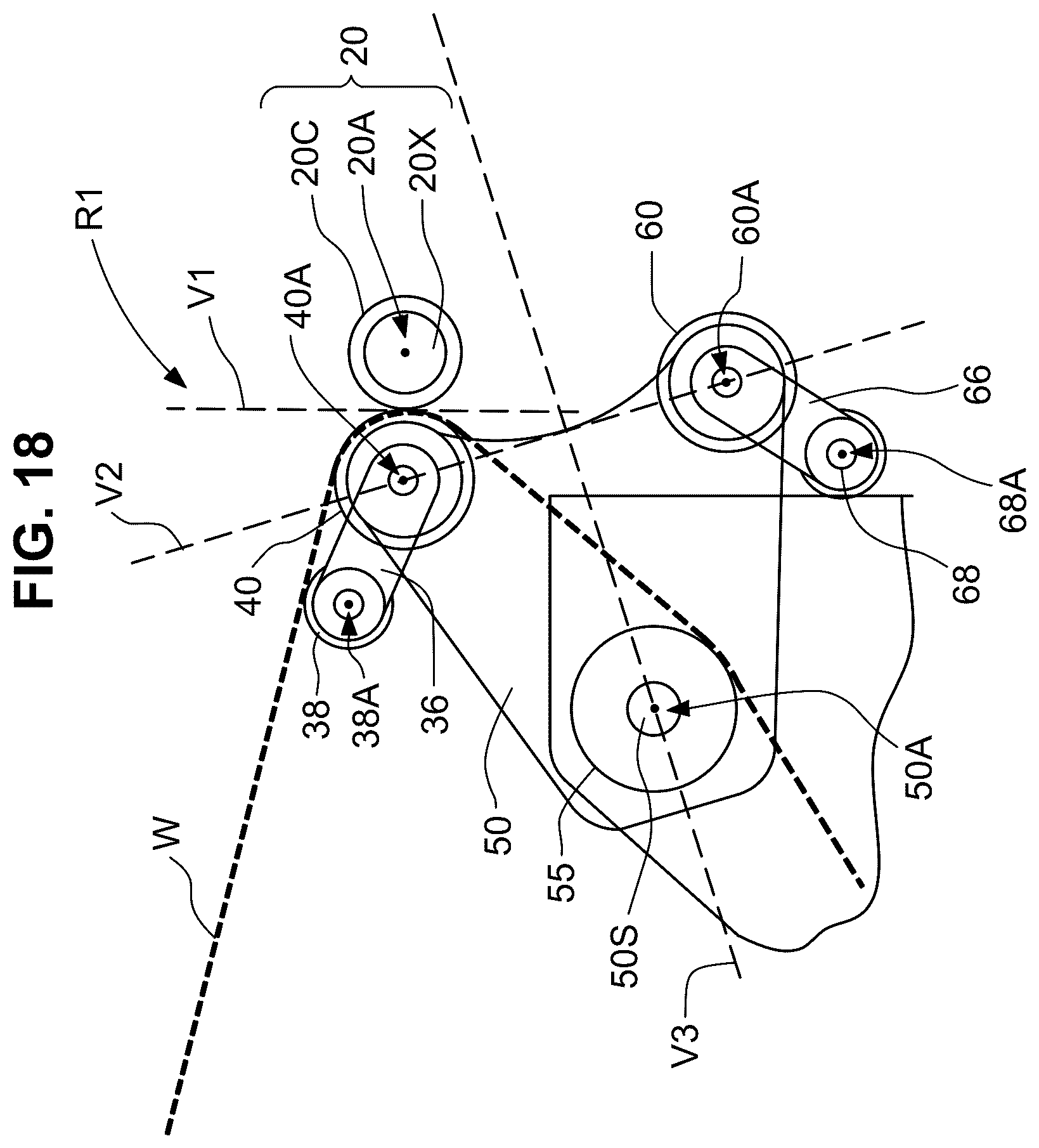 Patent US12378090 Figure 18 – Dual position web transfer system