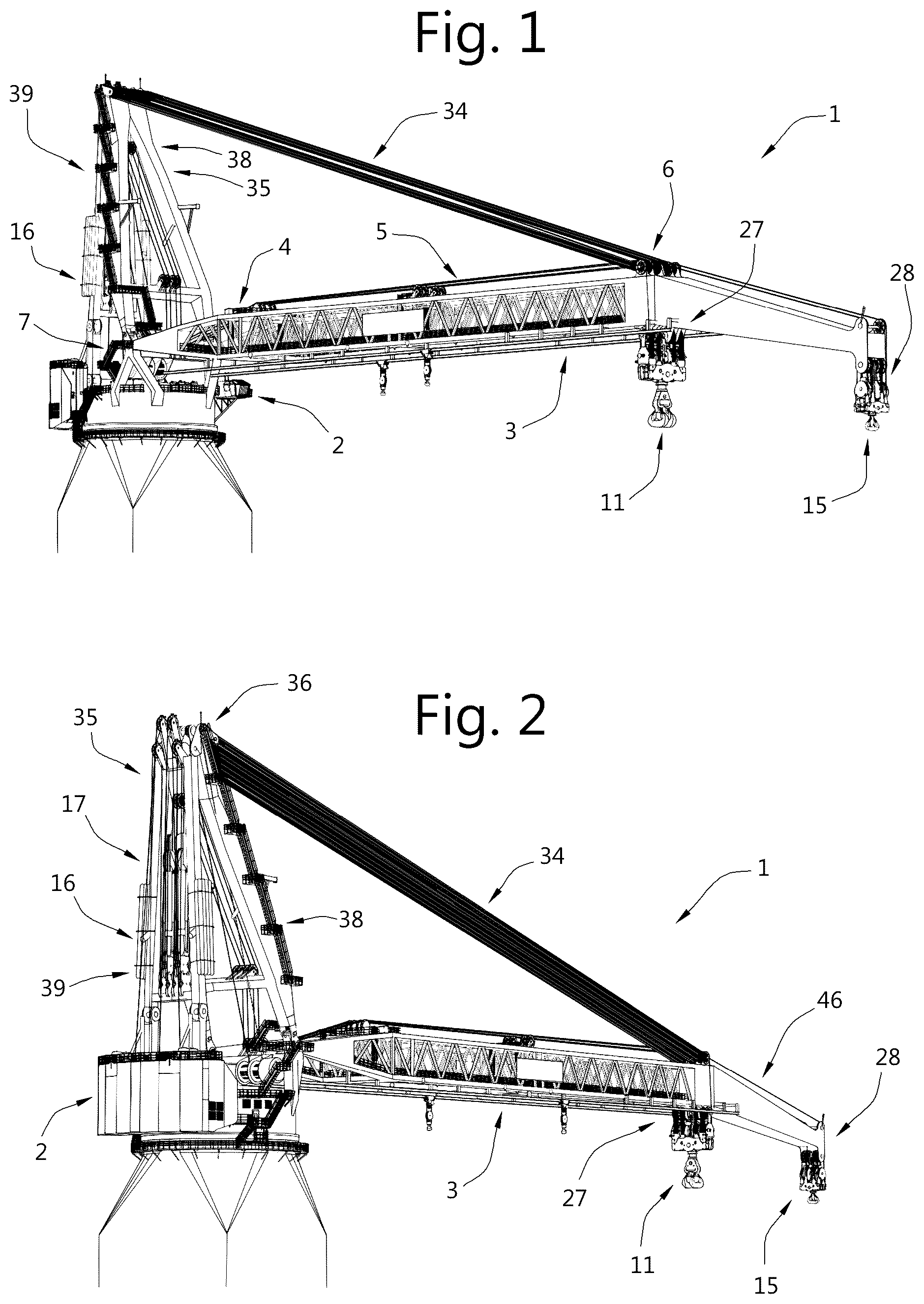 Patent US12378099 Figure 1 – Heave compensated dual hoist crane