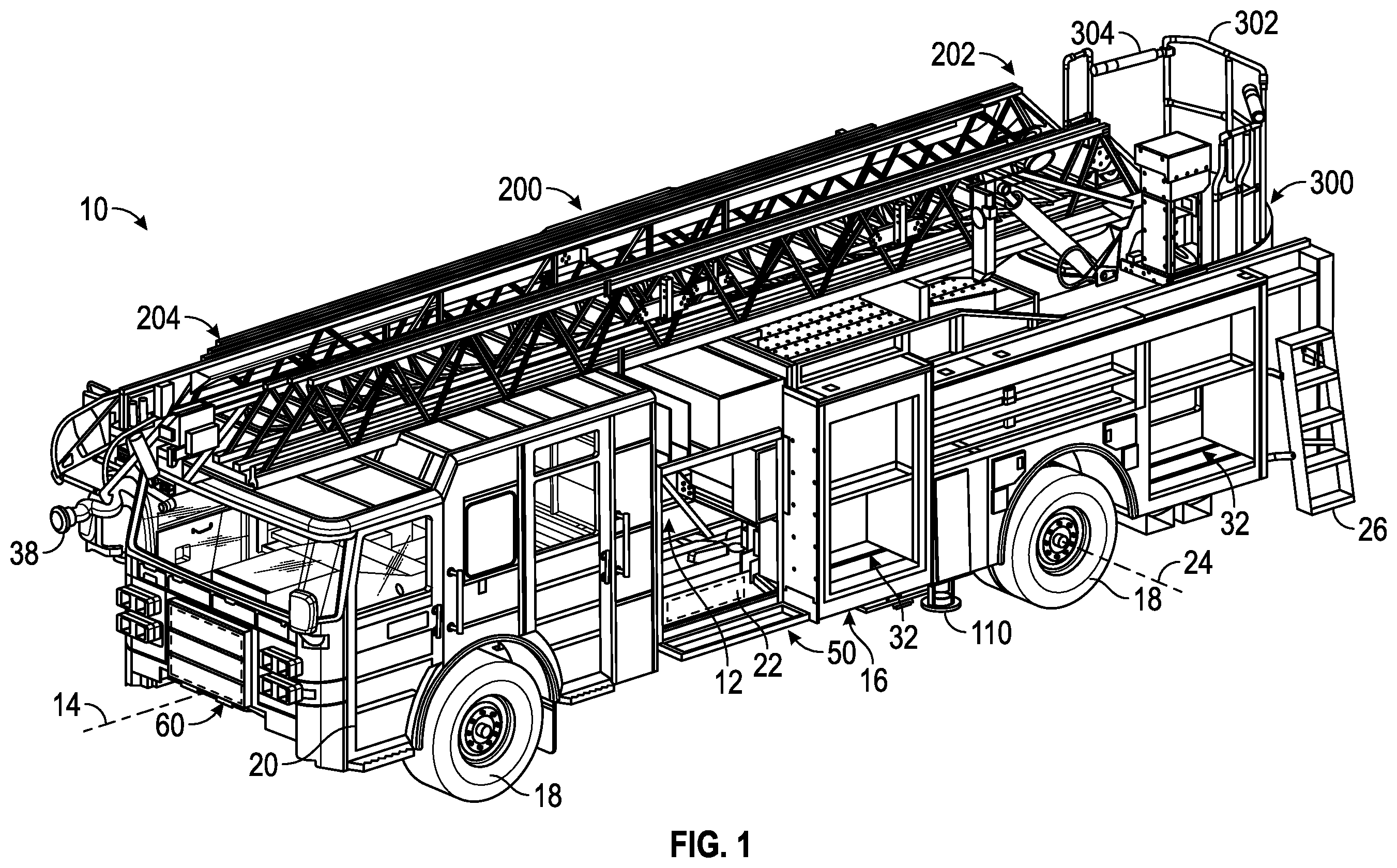 Patent US12378102 Figure 1 – Support structure for a ladder assembly of a fire apparatus