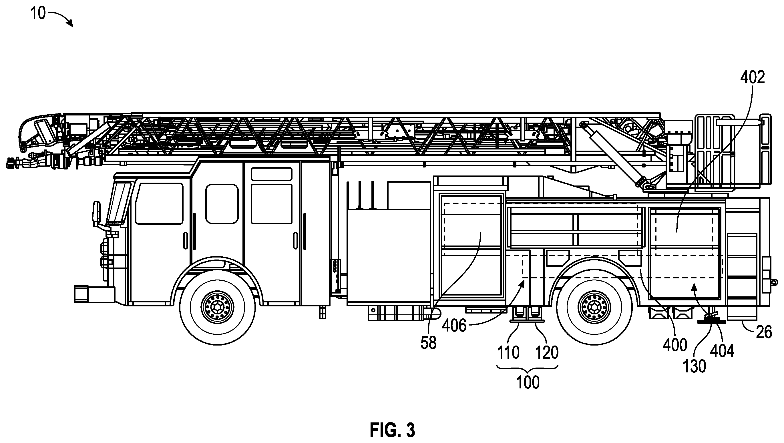 Patent US12378102 Figure 3 – Support structure for a ladder assembly of a fire apparatus