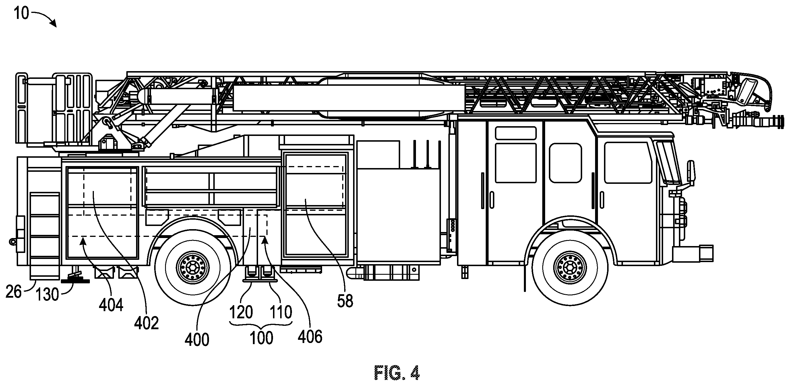 Patent US12378102 Figure 4 – Support structure for a ladder assembly of a fire apparatus