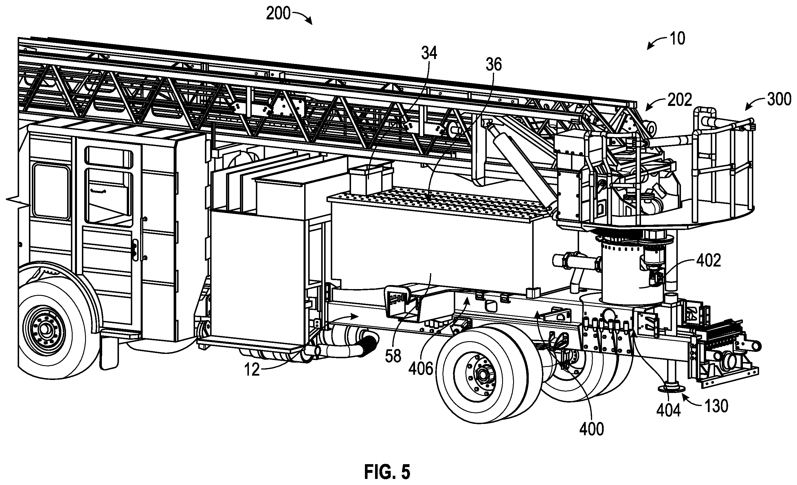 Patent US12378102 Figure 5 – Support structure for a ladder assembly of a fire apparatus
