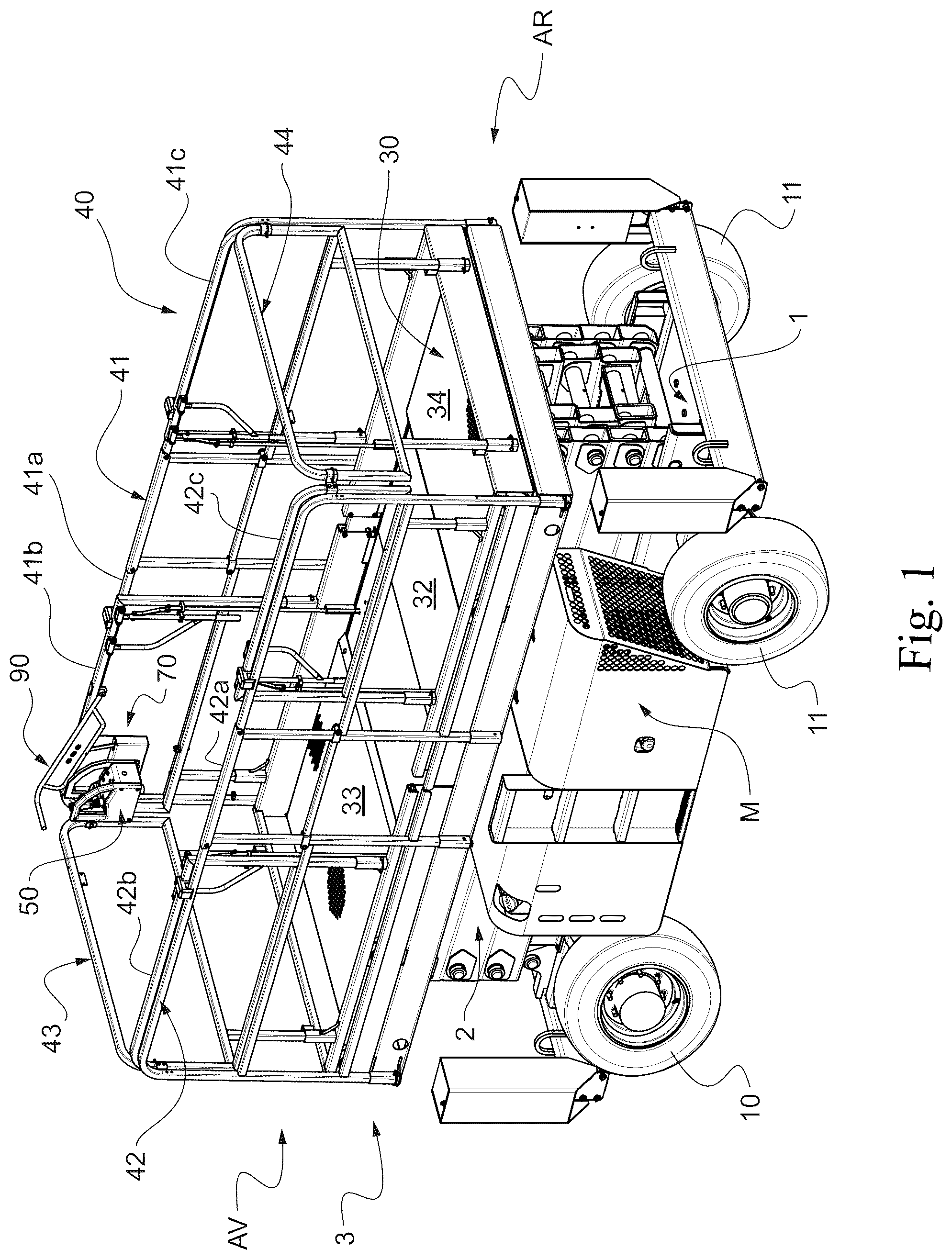 Patent US12378103 Figure 1 – Aerial lift with removable control console, comprising a protection device for preventing the operator from being crushed