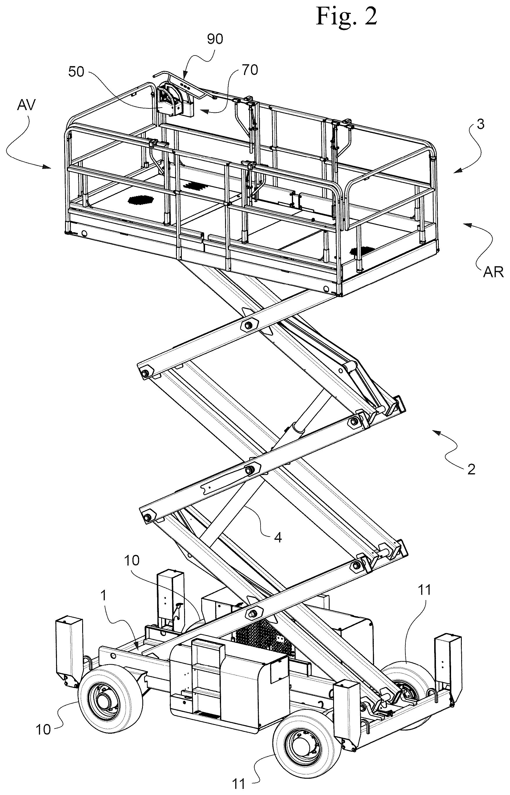 Patent US12378103 Figure 2 – Aerial lift with removable control console, comprising a protection device for preventing the operator from being crushed