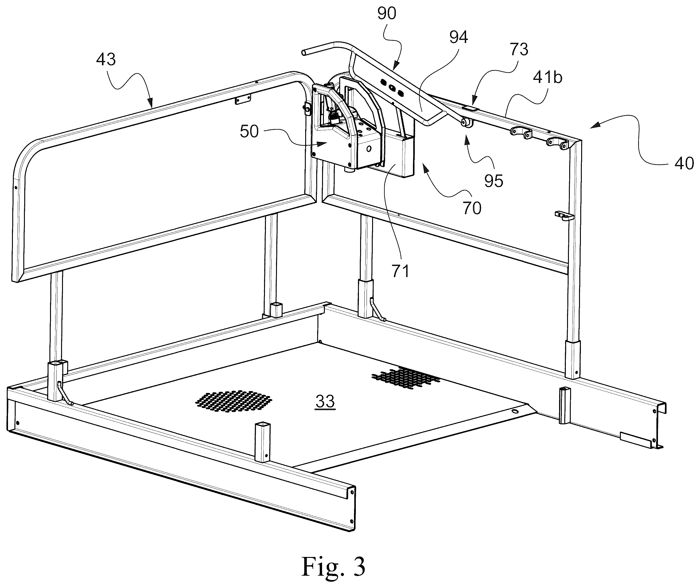 Patent US12378103 Figure 3 – Aerial lift with removable control console, comprising a protection device for preventing the operator from being crushed