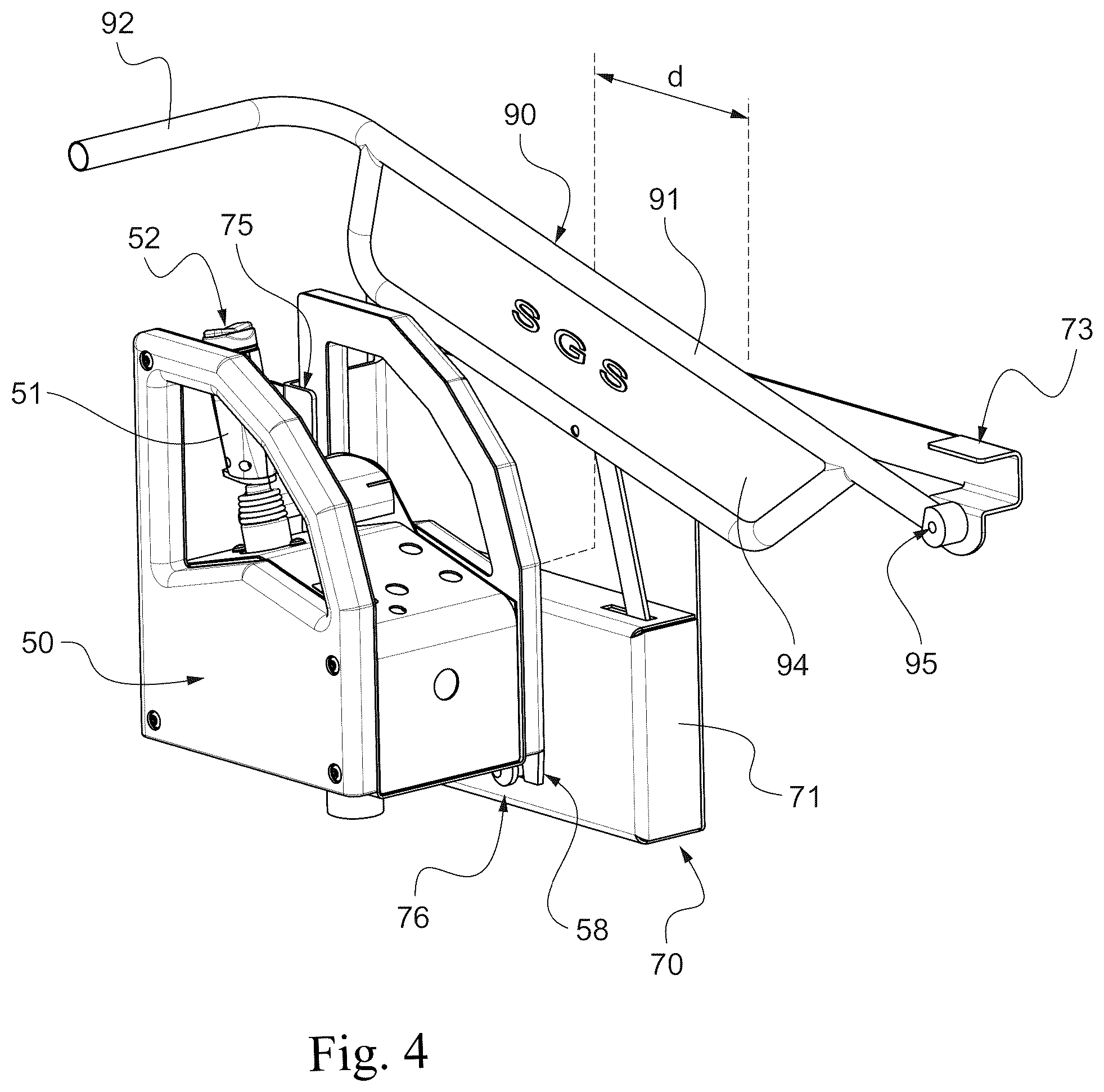 Patent US12378103 Figure 4 – Aerial lift with removable control console, comprising a protection device for preventing the operator from being crushed