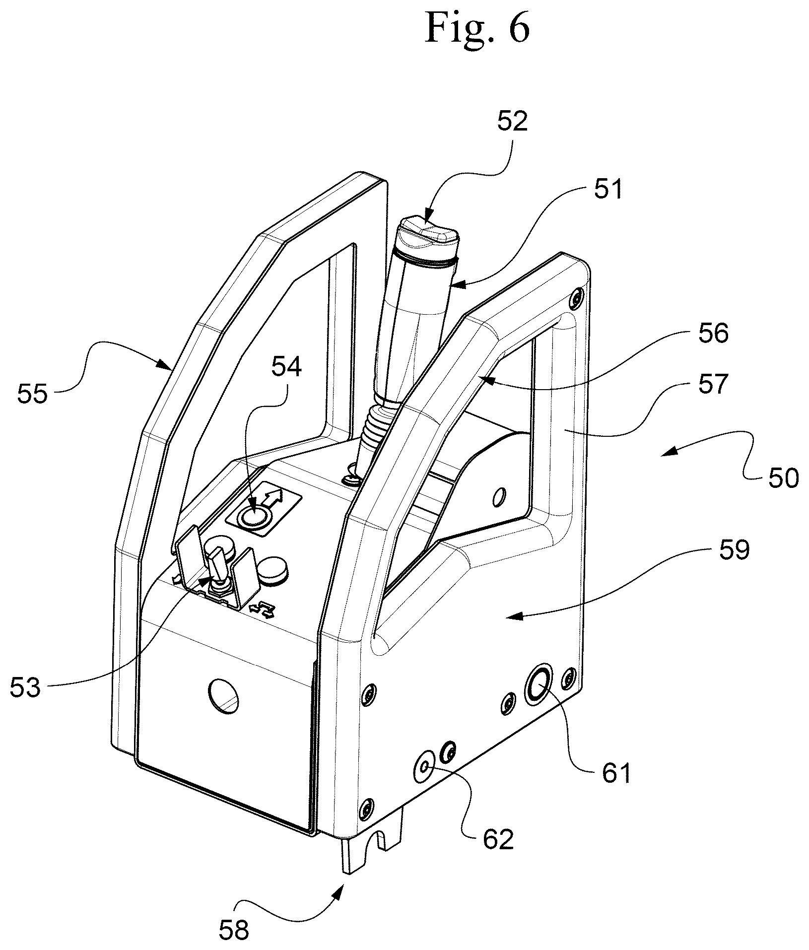 Patent US12378103 Figure 6 – Aerial lift with removable control console, comprising a protection device for preventing the operator from being crushed