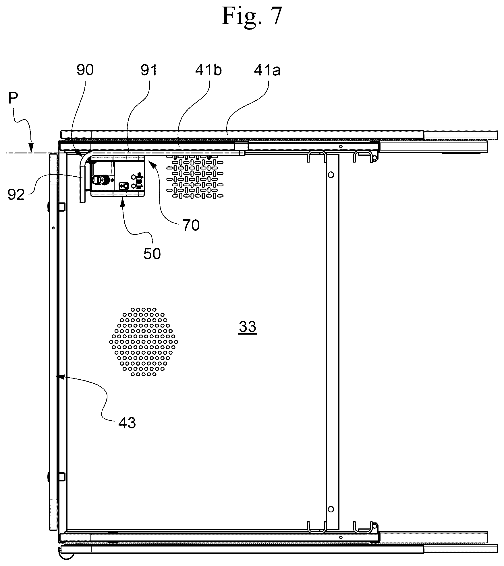 Patent US12378103 Figure 7 – Aerial lift with removable control console, comprising a protection device for preventing the operator from being crushed