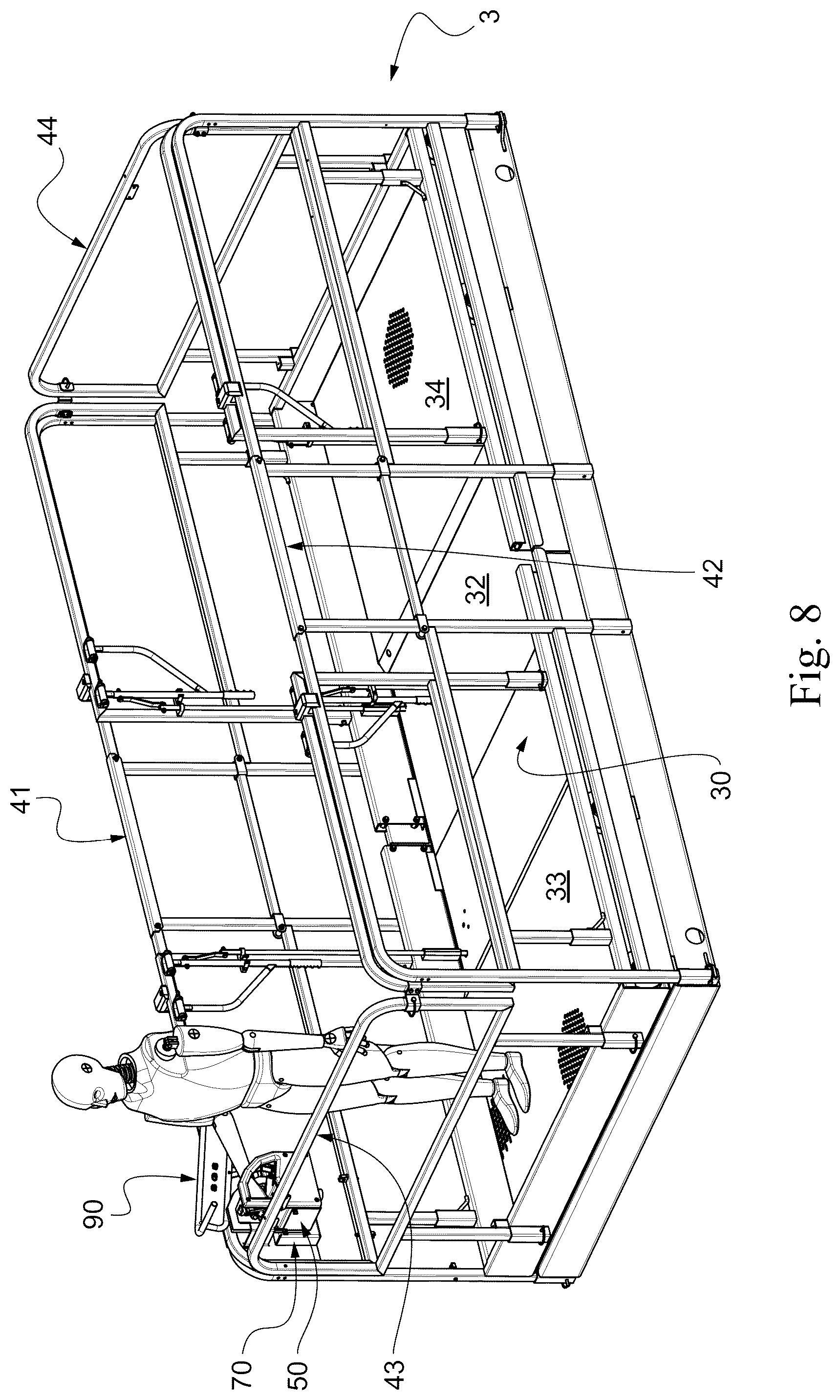 Patent US12378103 Figure 8 – Aerial lift with removable control console, comprising a protection device for preventing the operator from being crushed