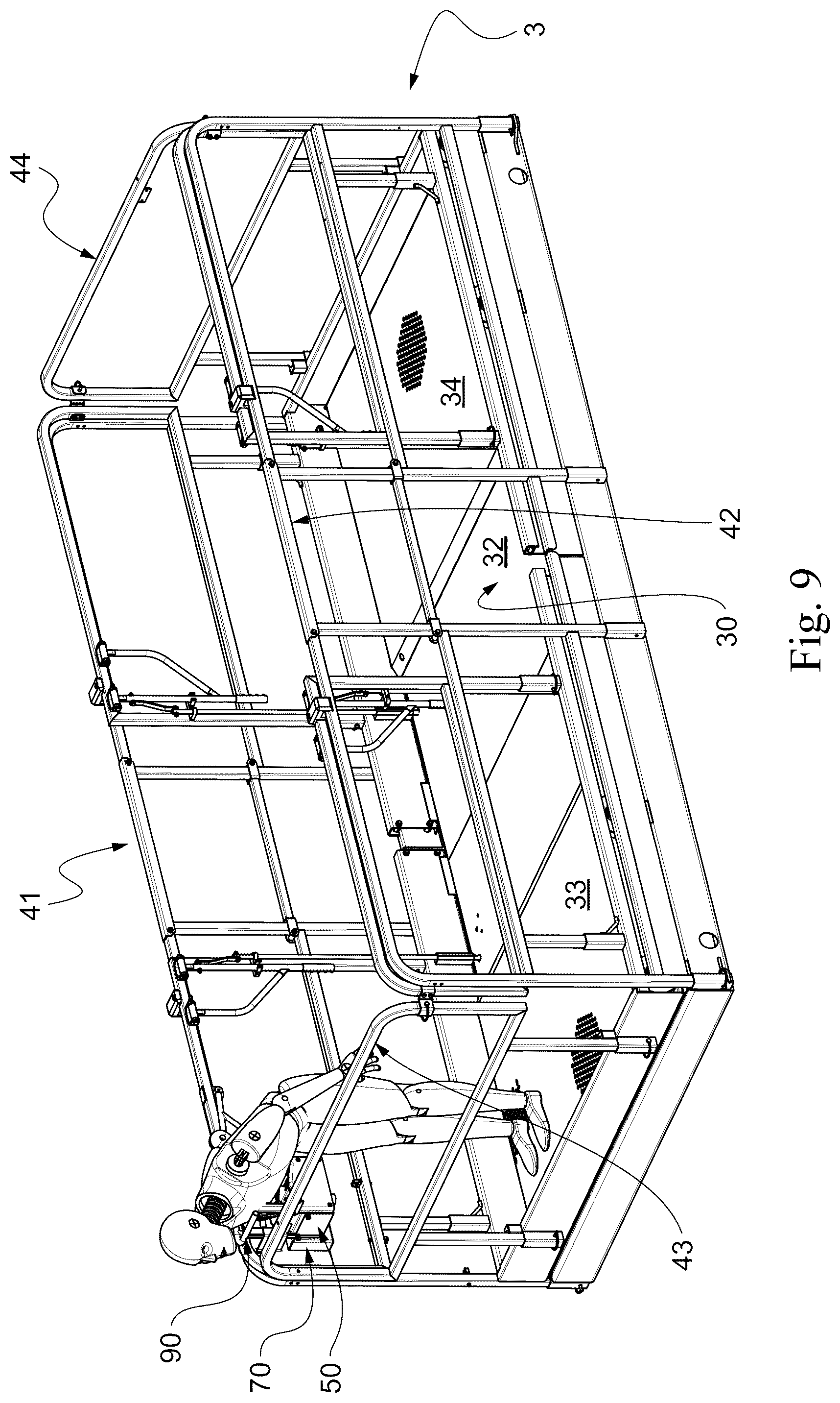 Patent US12378103 Figure 9 – Aerial lift with removable control console, comprising a protection device for preventing the operator from being crushed