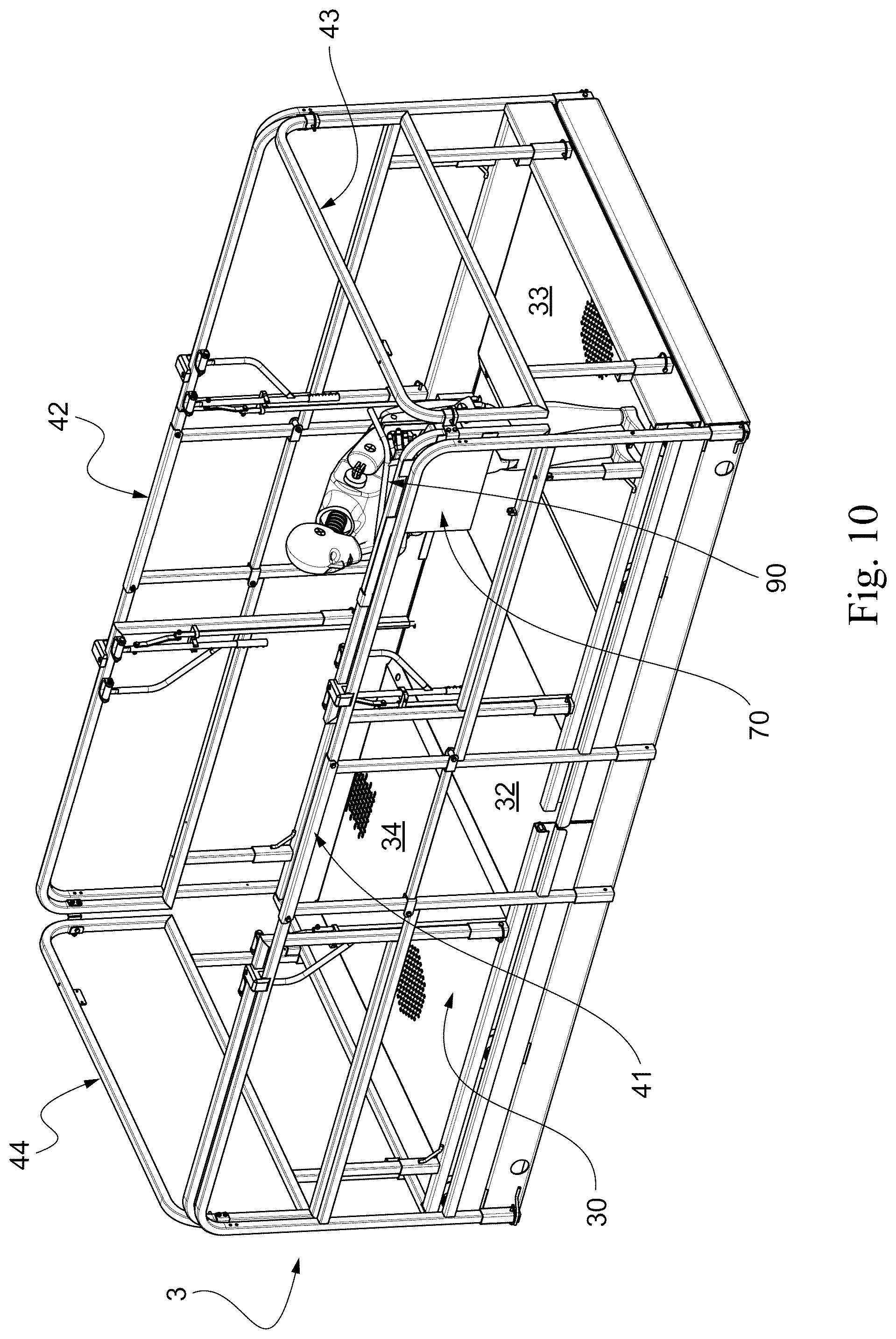 Patent US12378103 Figure 10 – Aerial lift with removable control console, comprising a protection device for preventing the operator from being crushed