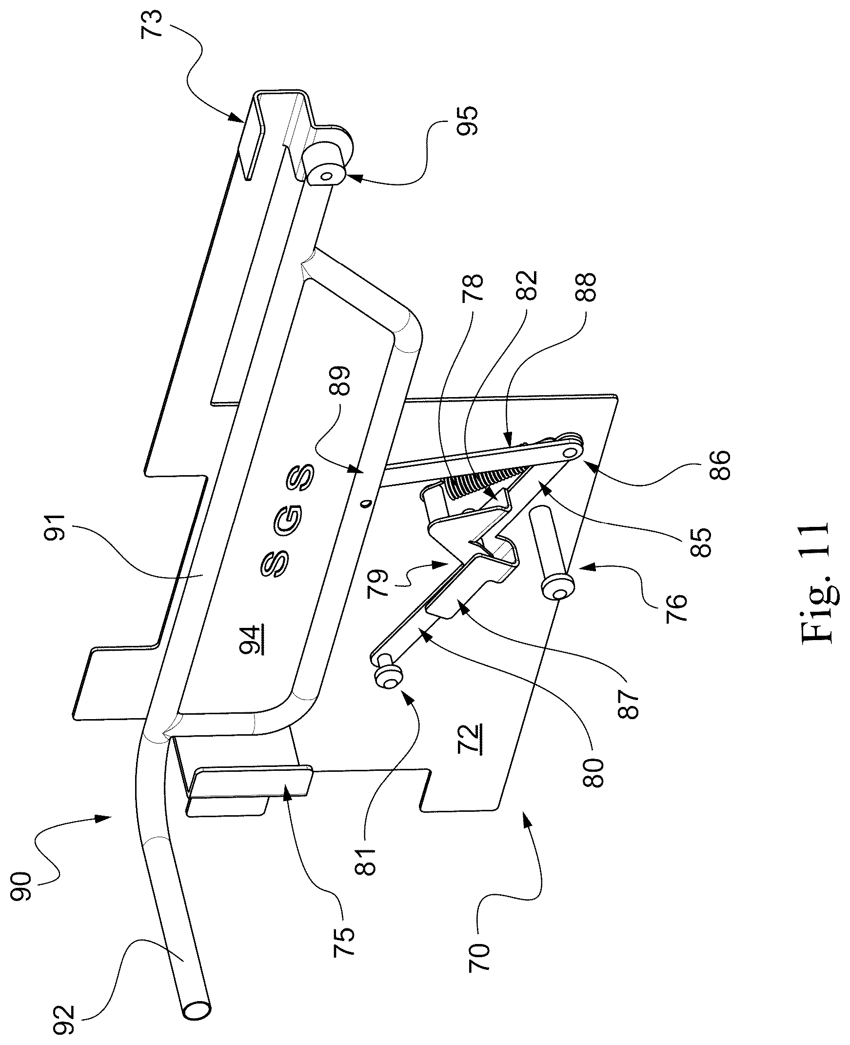 Patent US12378103 Figure 11 – Aerial lift with removable control console, comprising a protection device for preventing the operator from being crushed