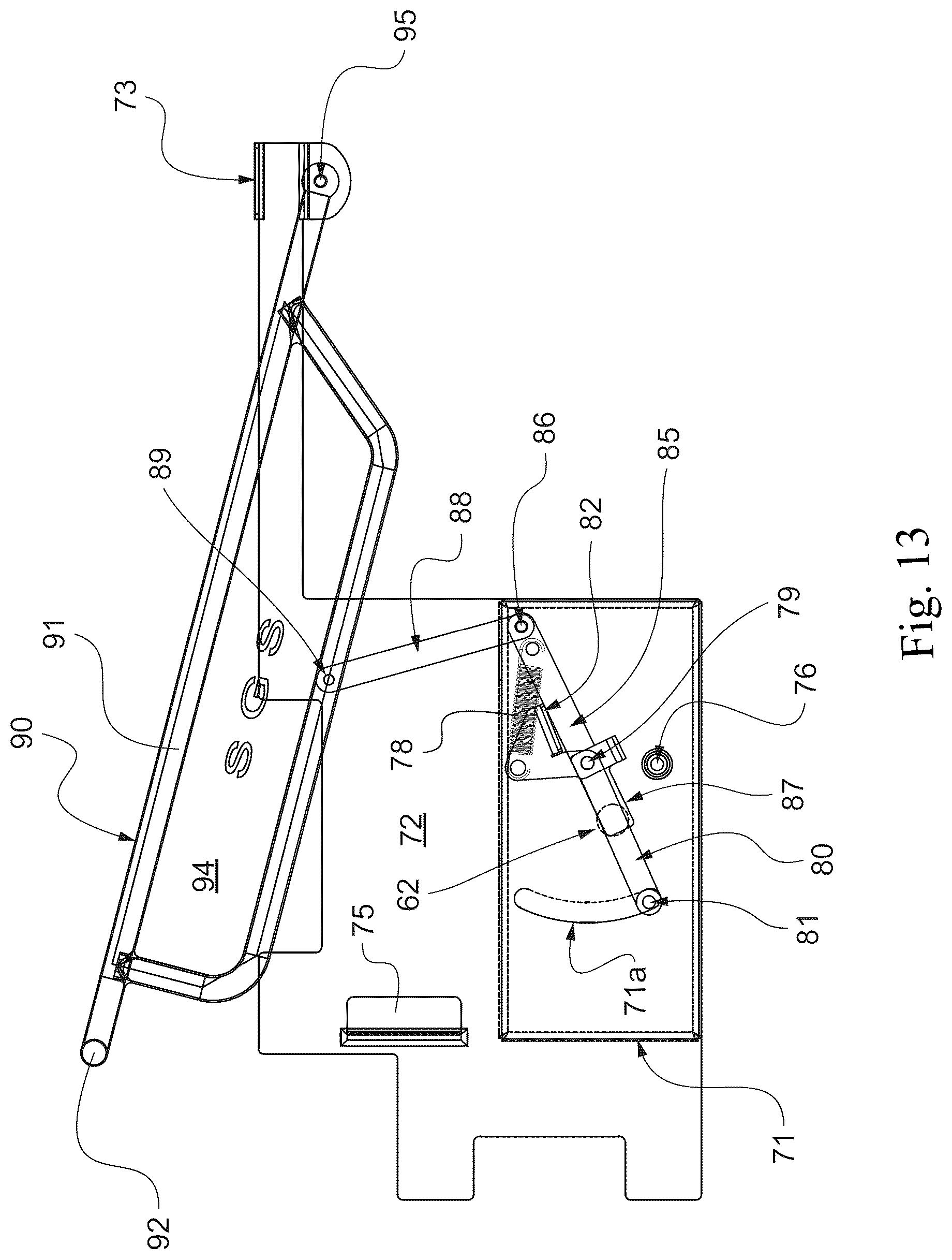 Patent US12378103 Figure 13 – Aerial lift with removable control console, comprising a protection device for preventing the operator from being crushed