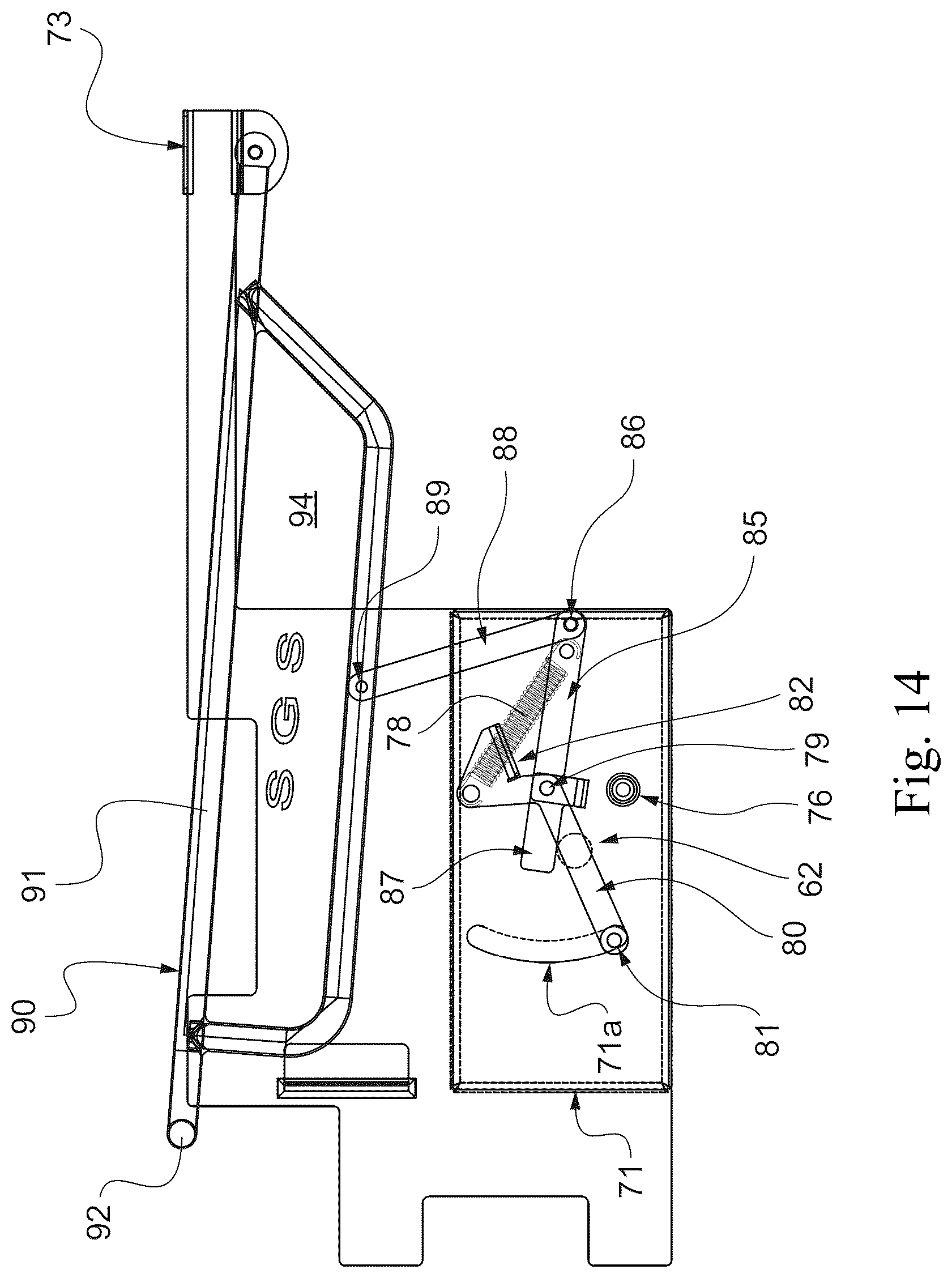 Patent US12378103 Figure 14 – Aerial lift with removable control console, comprising a protection device for preventing the operator from being crushed