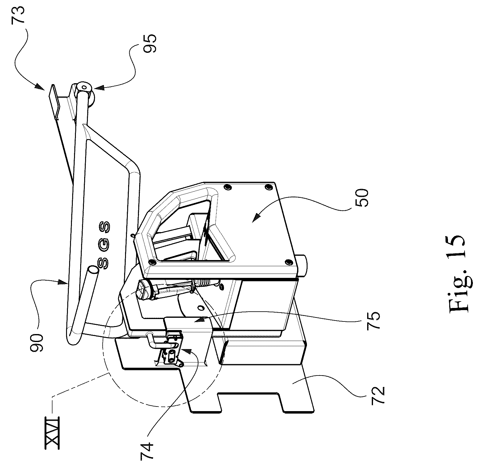 Patent US12378103 Figure 15 – Aerial lift with removable control console, comprising a protection device for preventing the operator from being crushed