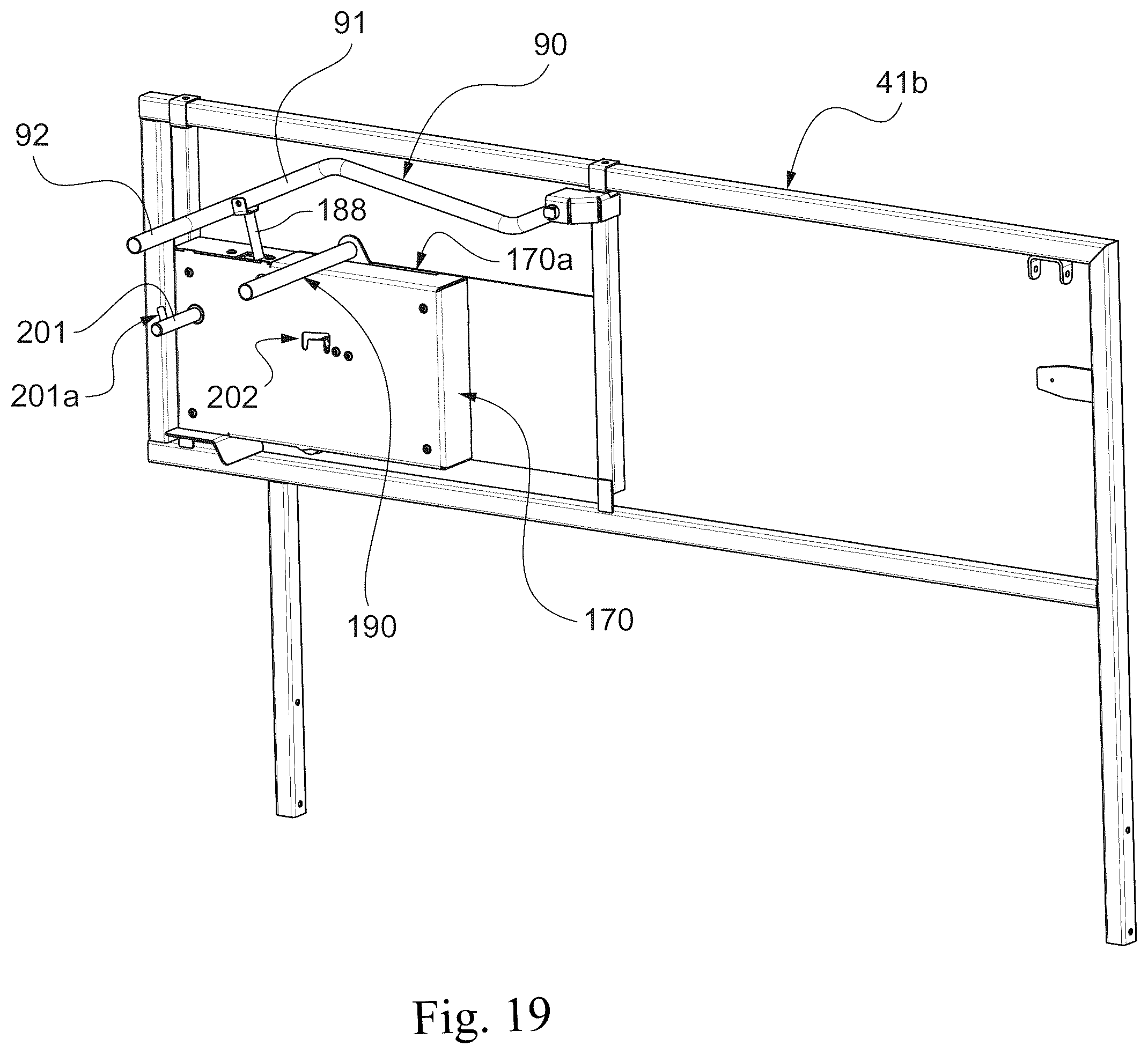 Patent US12378103 Figure 19 – Aerial lift with removable control console, comprising a protection device for preventing the operator from being crushed