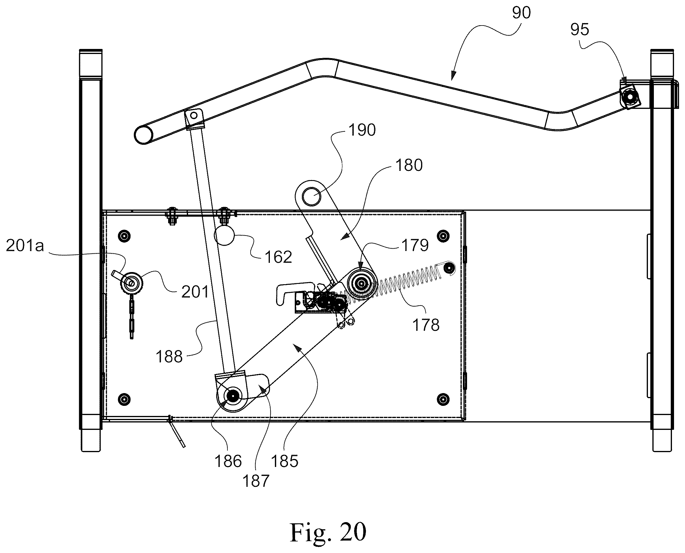 Patent US12378103 Figure 20 – Aerial lift with removable control console, comprising a protection device for preventing the operator from being crushed