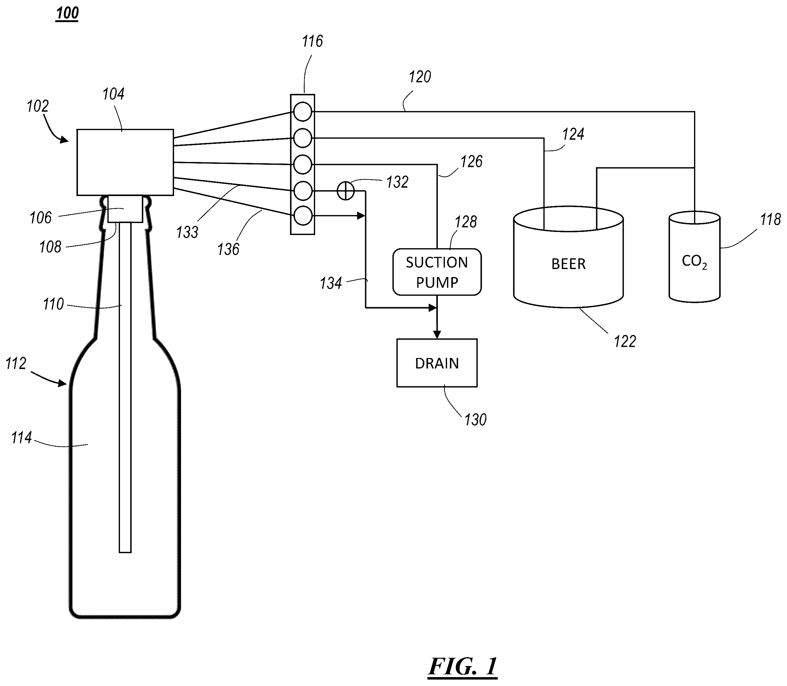Patent US12378105 Figure 1 – Beer bottling flow control apparatus