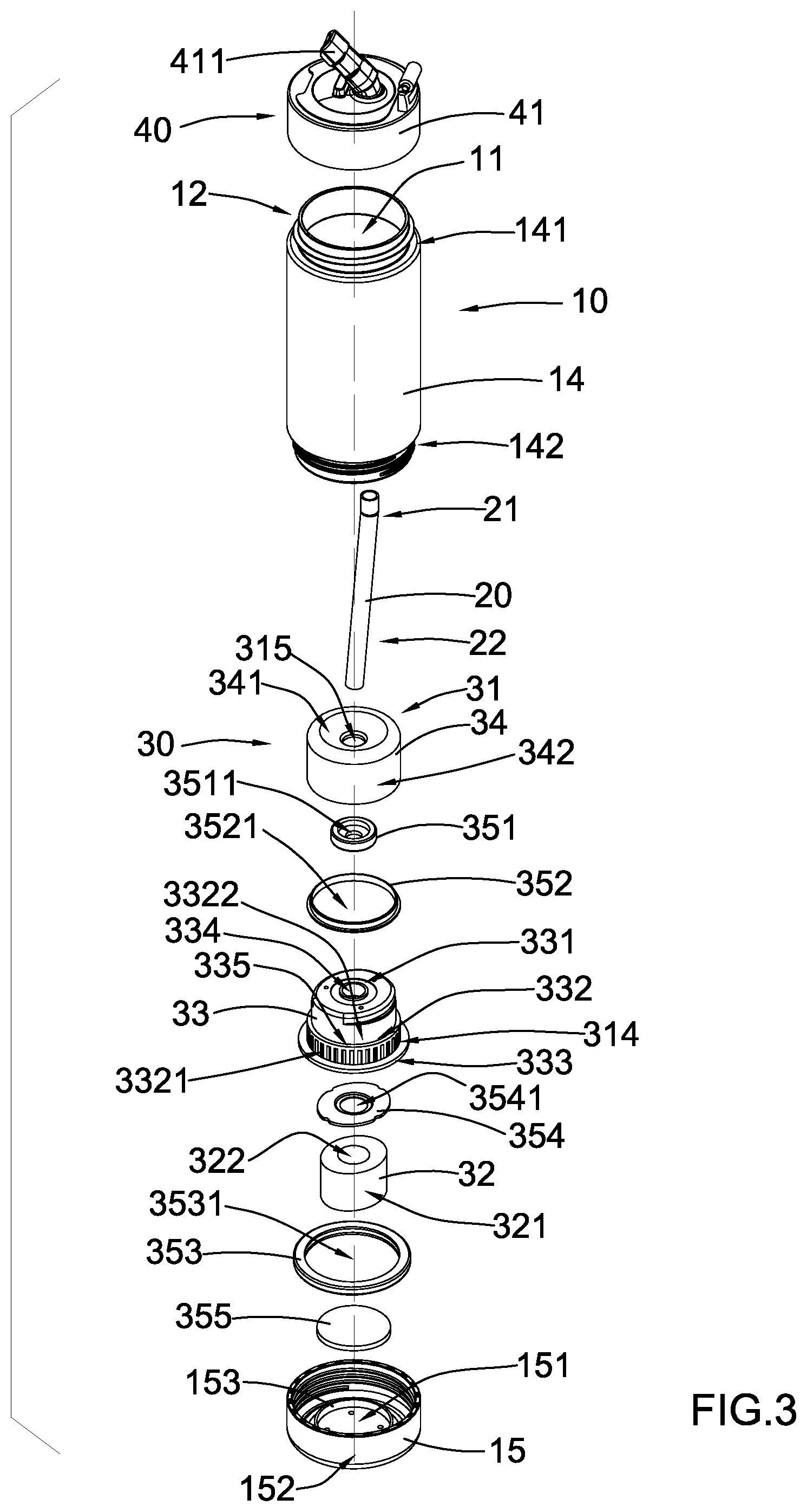 Patent US12378134 Figure 3 – Bottle with filtering arrangement