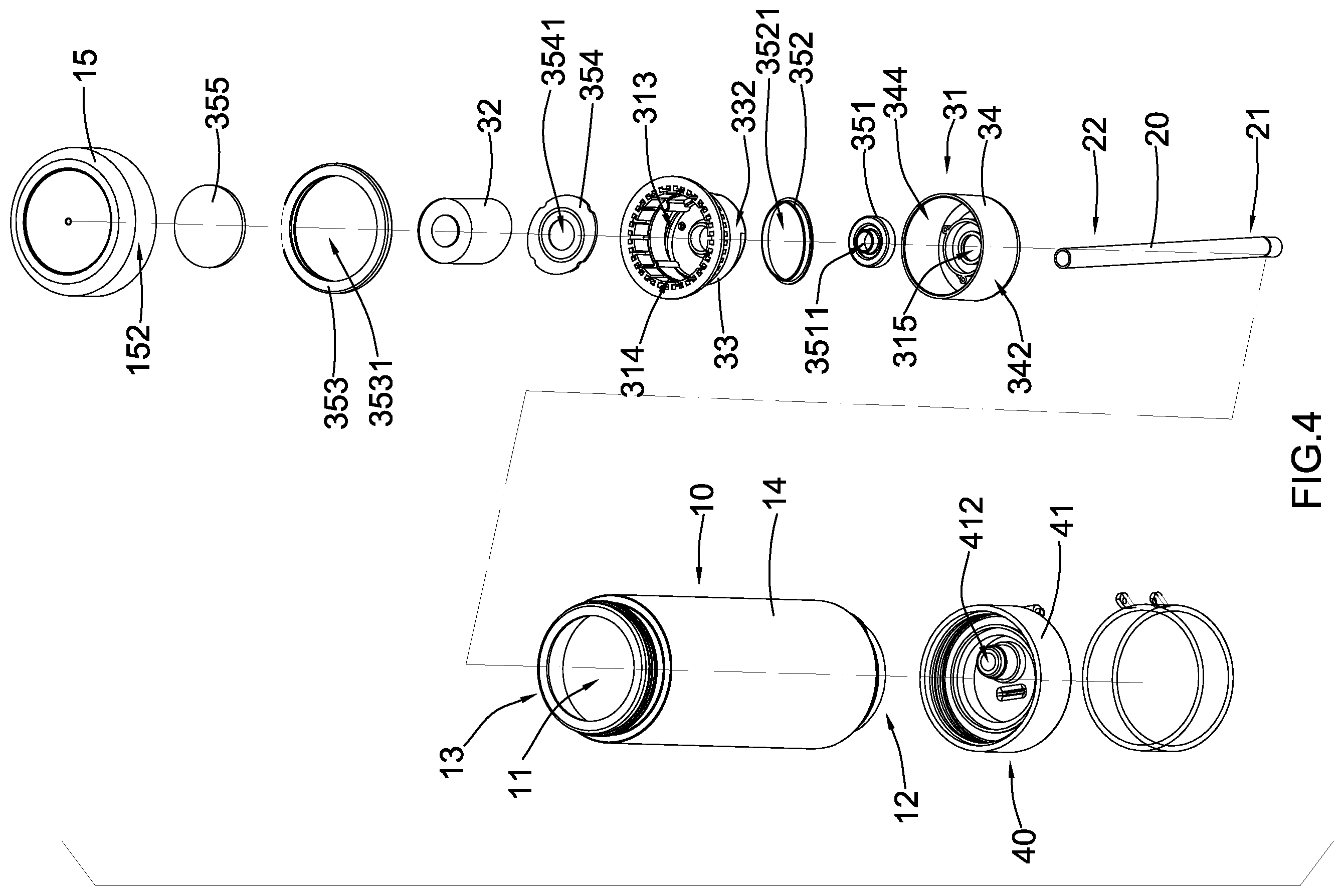 Patent US12378134 Figure 4 – Bottle with filtering arrangement