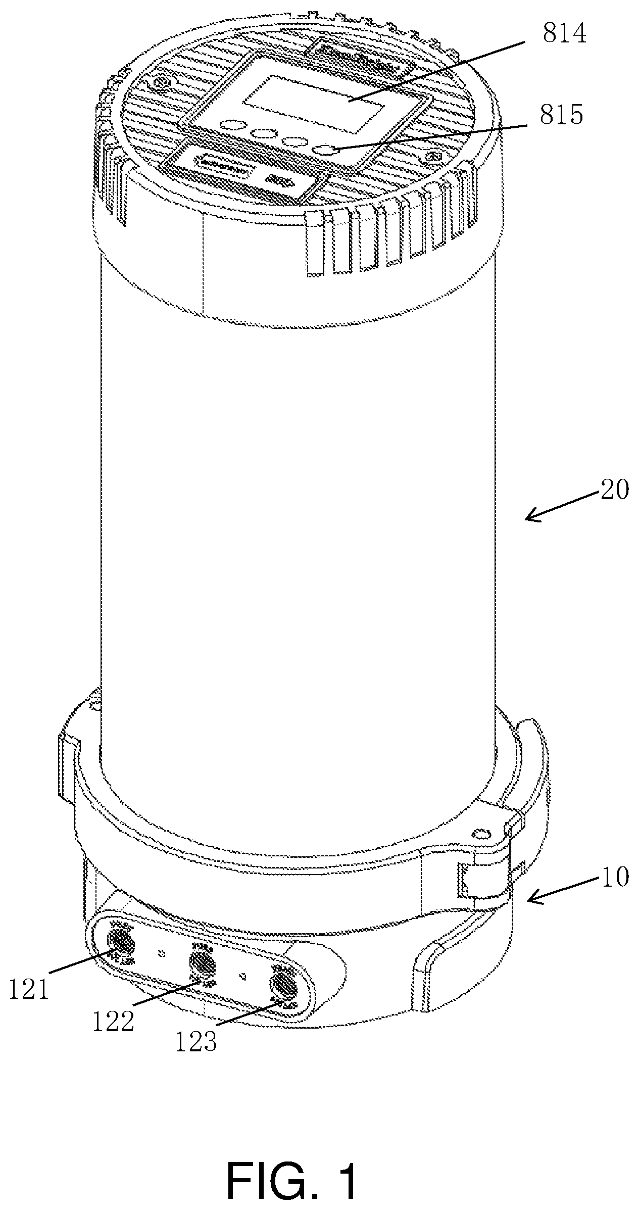 Patent US12378135 Figure 1 – Double-water-output cylindrical integrated water purifier