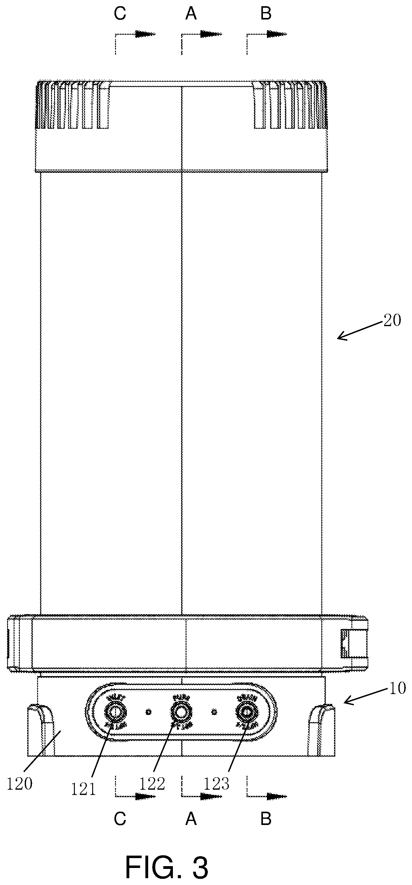 Patent US12378135 Figure 3 – Double-water-output cylindrical integrated water purifier