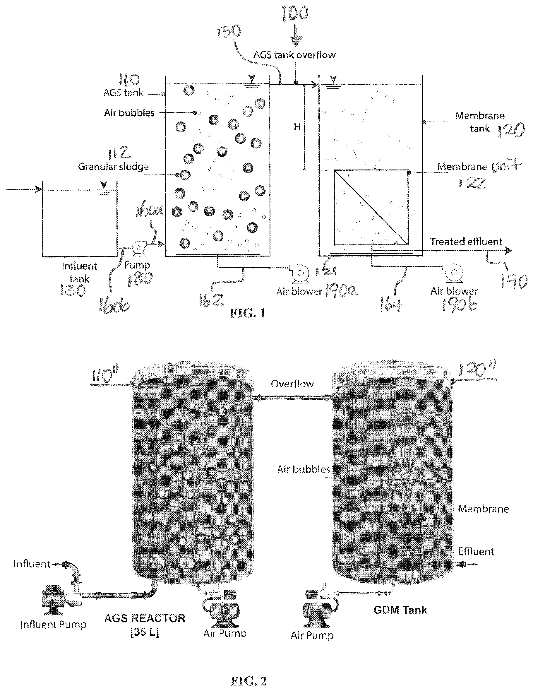 Patent US12378142 Figure 1 – Waste water treatment system using aerobic granular sludge gravity-driven membrane system