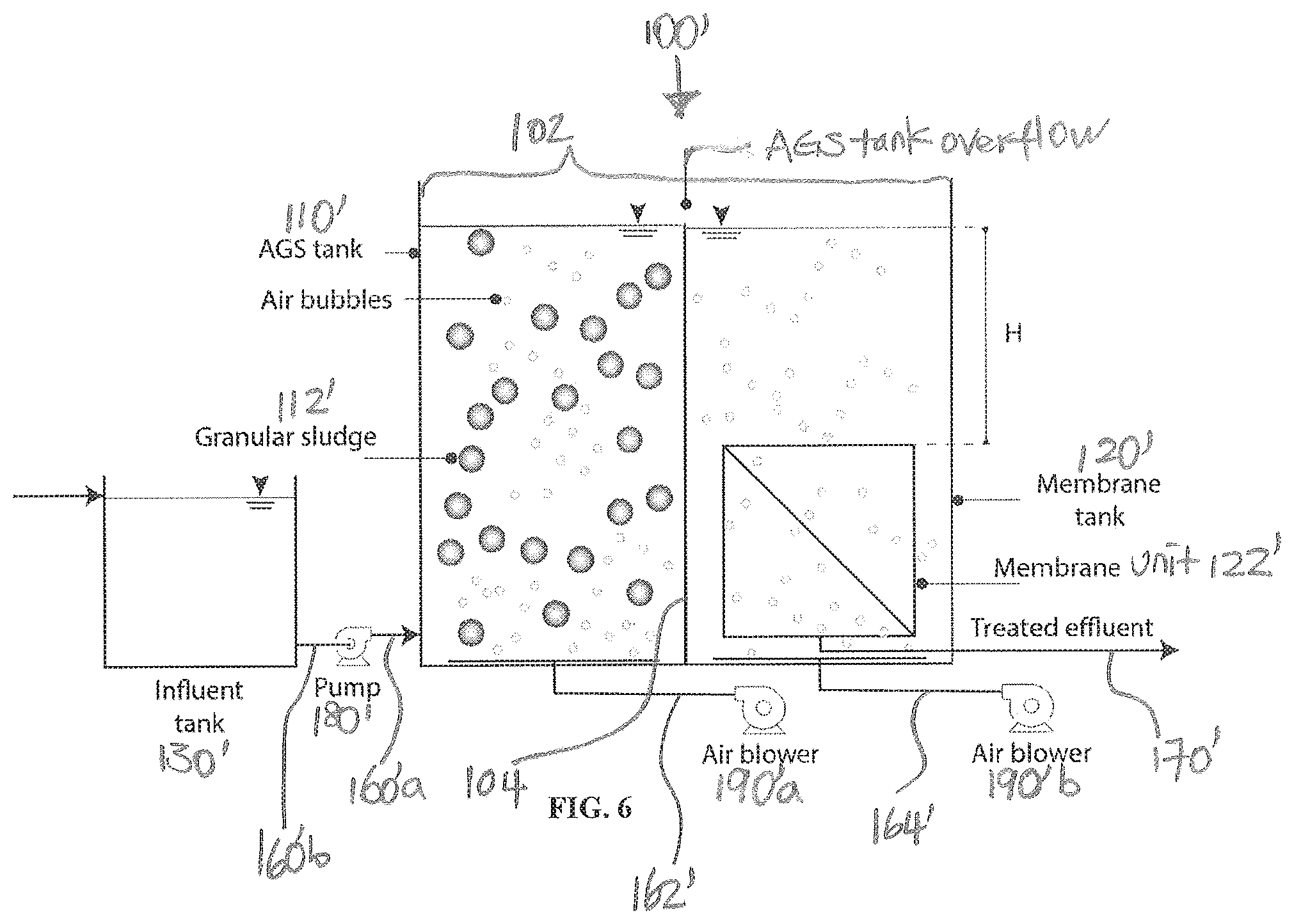 Patent US12378142 Figure 4 – Waste water treatment system using aerobic granular sludge gravity-driven membrane system