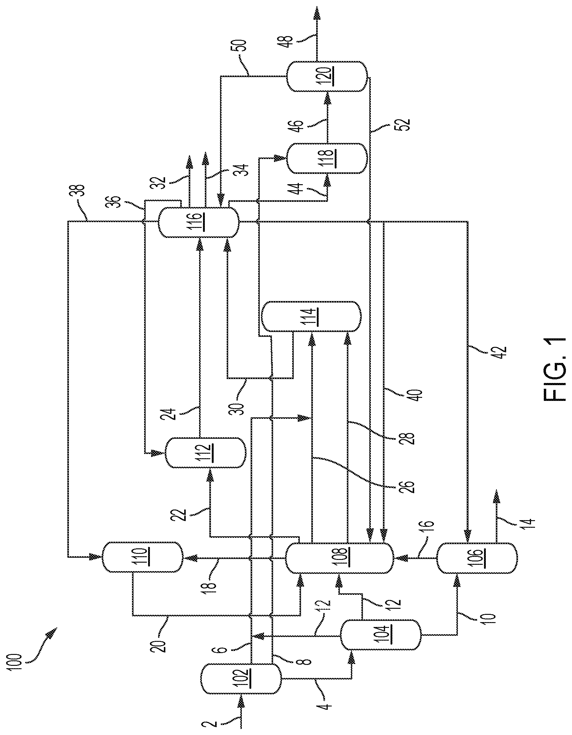 Patent US12378485 — Methods for processing a hydrocarbon oil feed stream utilizing a delayed coker, steam enhanced catalytic cracker, and an aromatics complex — Figure 1