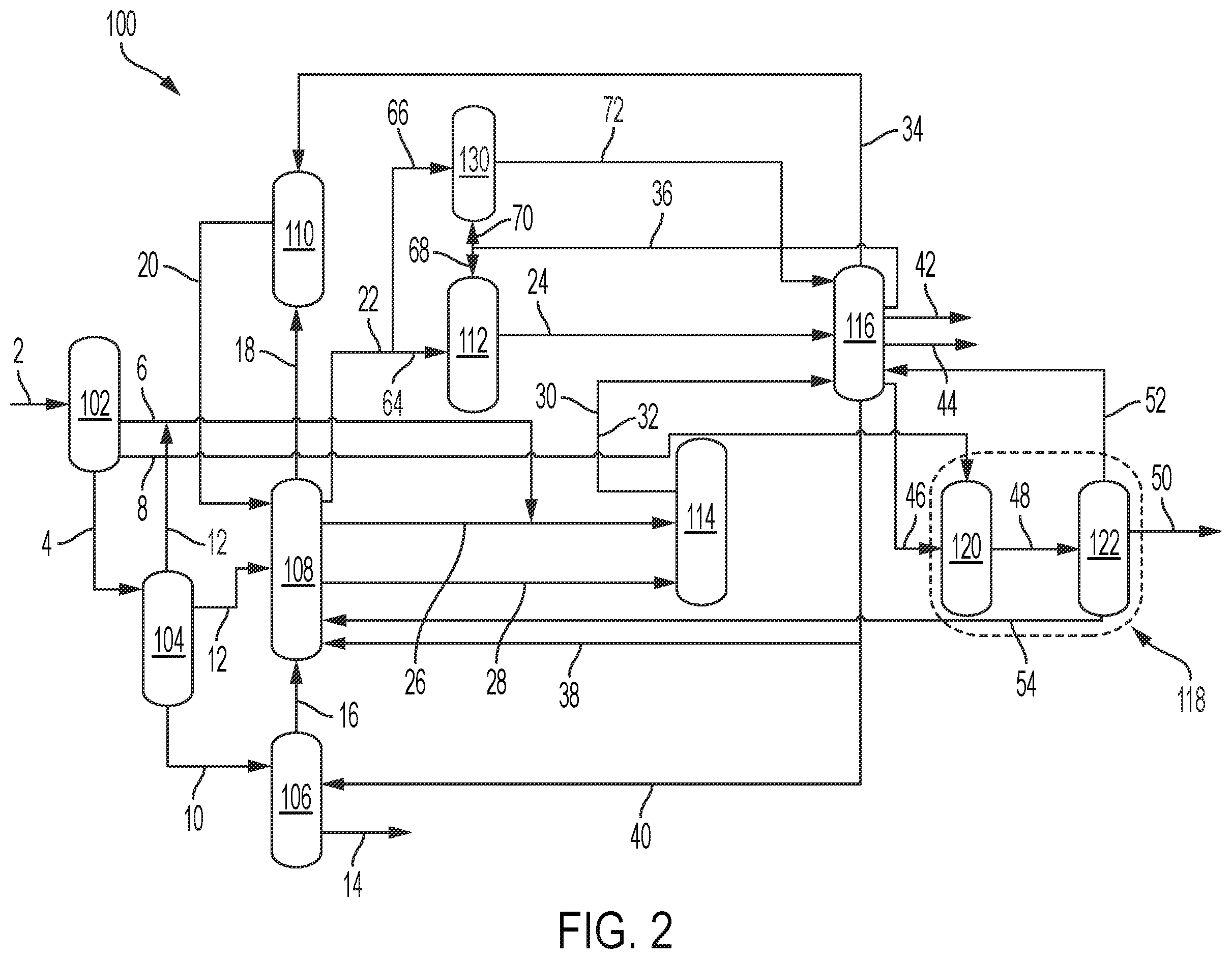 Patent US12378485 Figure 2 – Methods for processing a hydrocarbon oil feed stream utilizing a delayed coker, steam enhanced catalytic cracker, and an aromatics complex