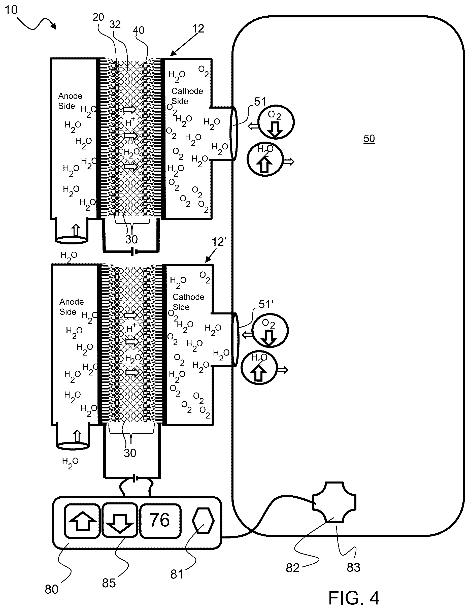 Patent US12378682 Figure 4 – Electrolysis cell assembly utilizing an anion exchange membrane