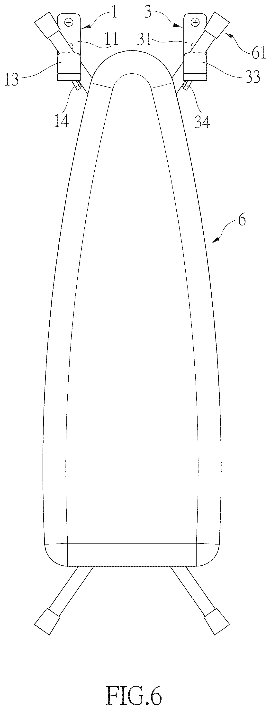 Patent US12378719 Figure 6 – Hanging set for ironing boards