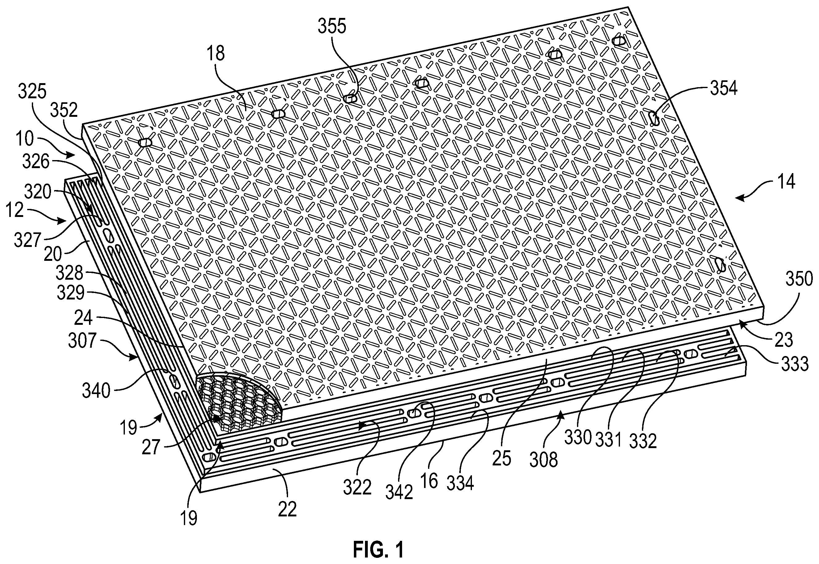Patent US12378731 Figure 1 – Overlapping modular mat system including mat components having fortifying members