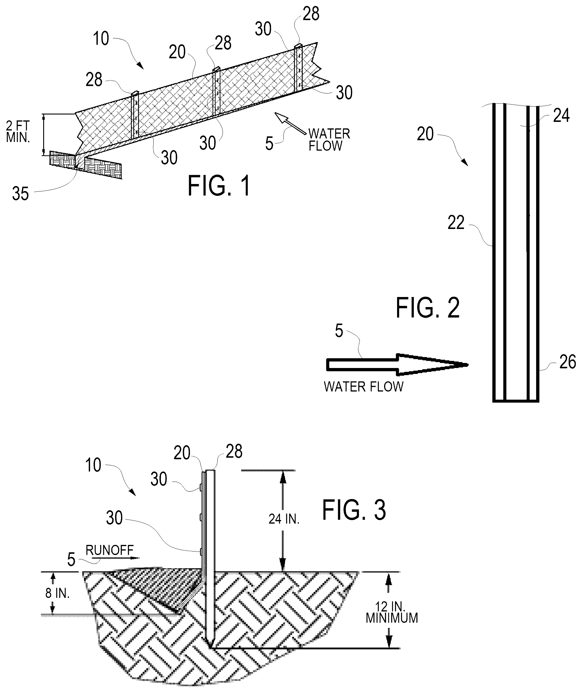 Patent US12378736 Figure 1 – Silt fence configured for capturing pollutants and fabric forming the same